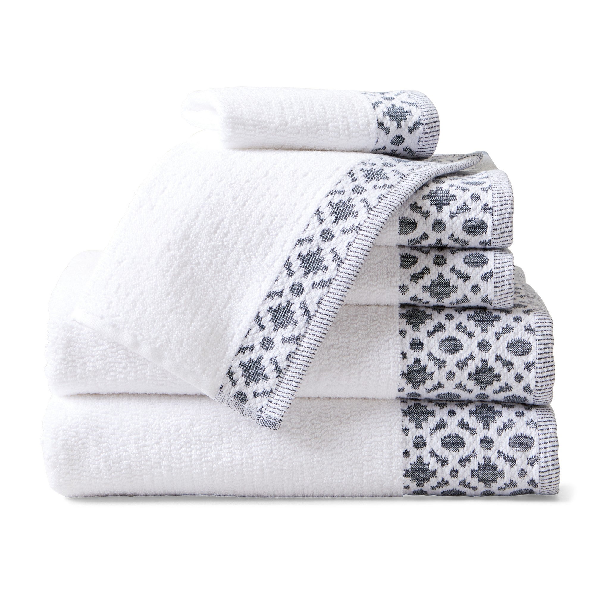 Nitra Collection Cotton Luxury Bath Towels by Market & Place featuring premium 100% cotton construction with an elegant geometric dobby border. Available in multiple colors and set configurations, including bath towels, hand towels, and washcloths, shown folded and stacked to highlight their soft, plush, and absorbent texture.