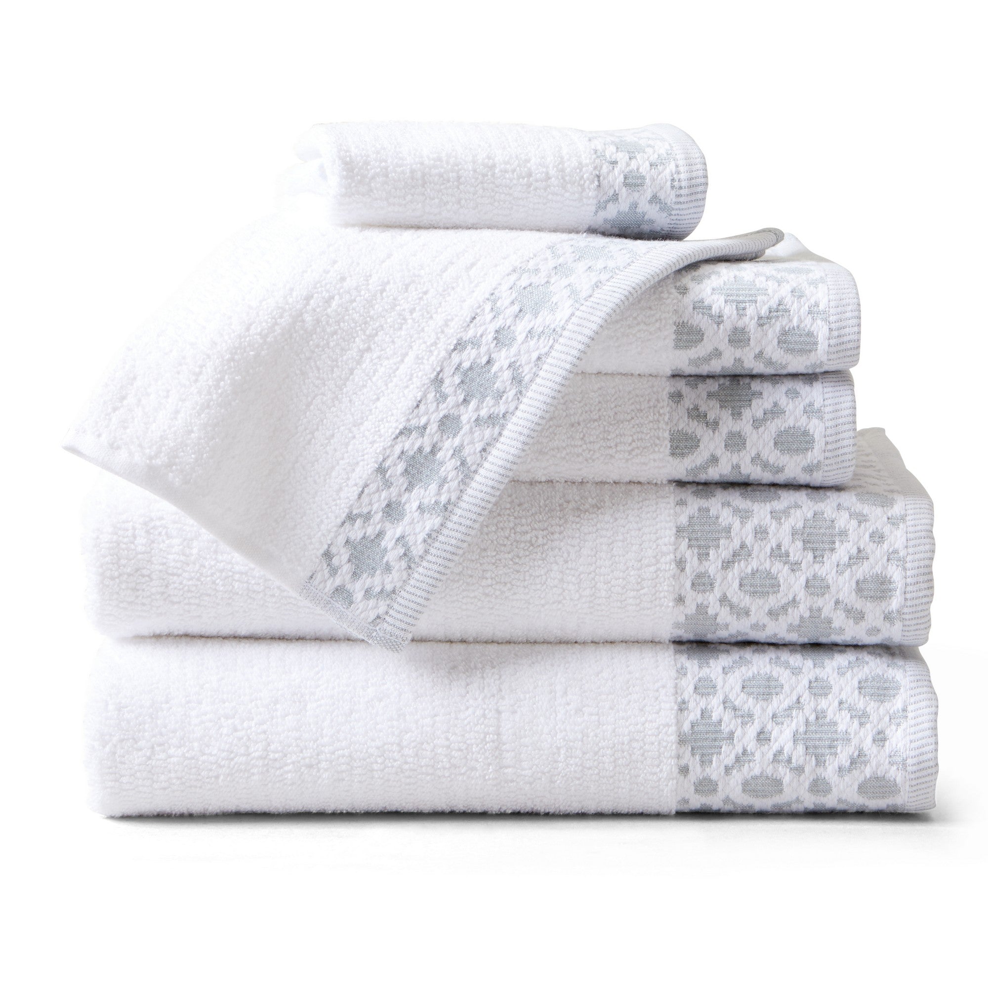 Nitra Collection Cotton Luxury Bath Towels by Market & Place featuring premium 100% cotton construction with an elegant geometric dobby border. Available in multiple colors and set configurations, including bath towels, hand towels, and washcloths, shown folded and stacked to highlight their soft, plush, and absorbent texture.