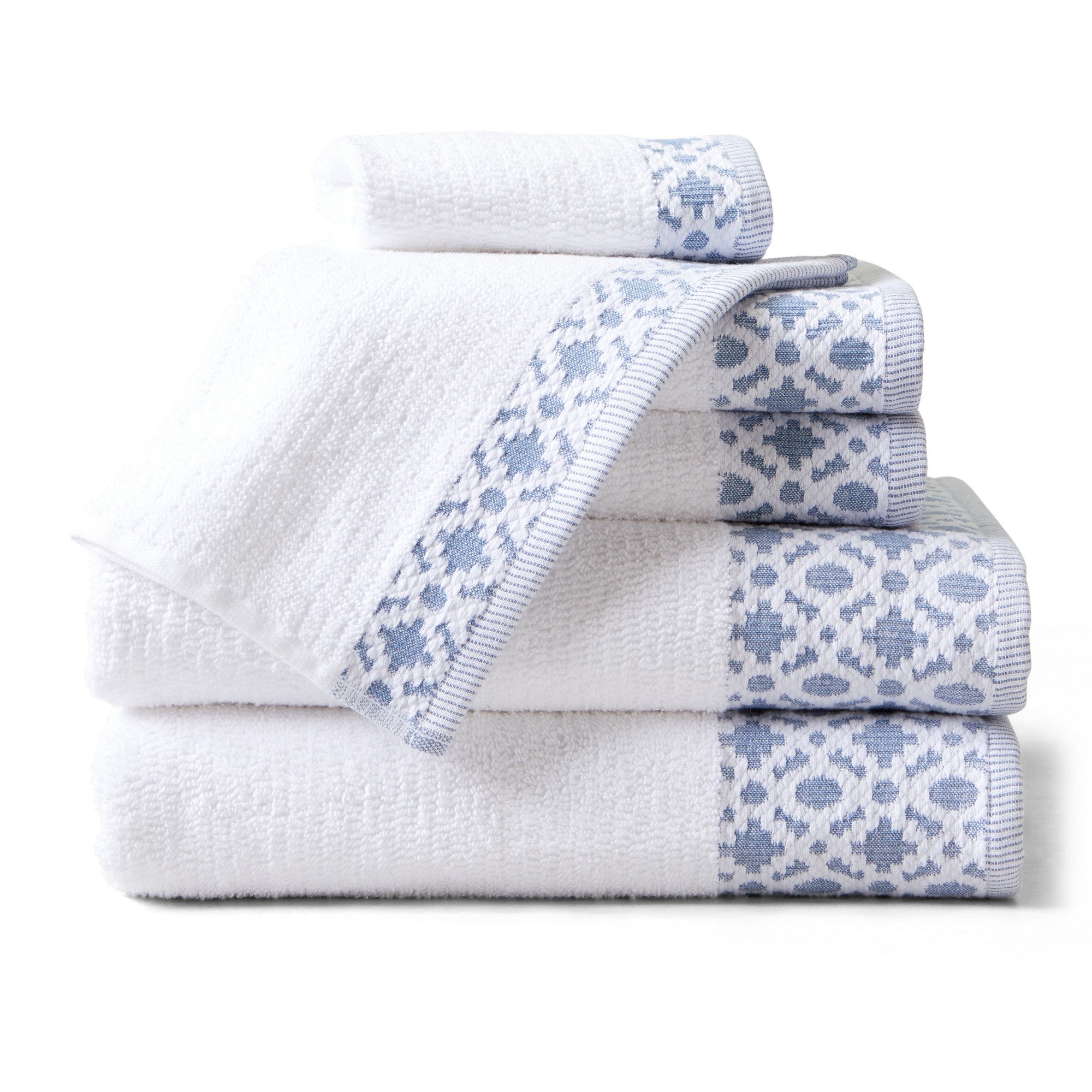 Nitra Collection Cotton Luxury Bath Towels by Market & Place featuring premium 100% cotton construction with an elegant geometric dobby border. Available in multiple colors and set configurations, including bath towels, hand towels, and washcloths, shown folded and stacked to highlight their soft, plush, and absorbent texture.