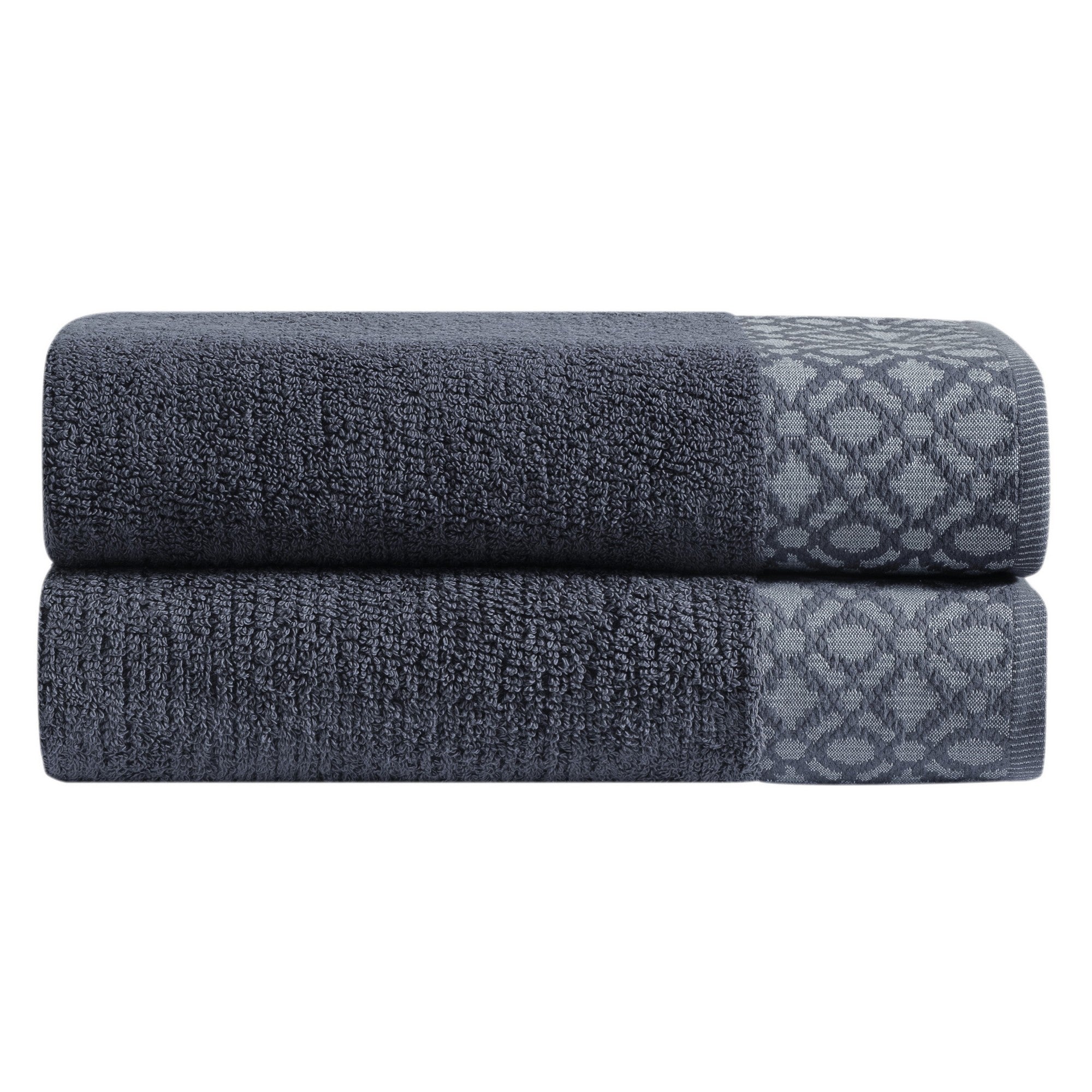 Nitra Collection Cotton Luxury Bath Towels by Market & Place featuring premium 100% cotton construction with an elegant geometric dobby border. Available in multiple colors and set configurations, including bath towels, hand towels, and washcloths, shown folded and stacked to highlight their soft, plush, and absorbent texture.