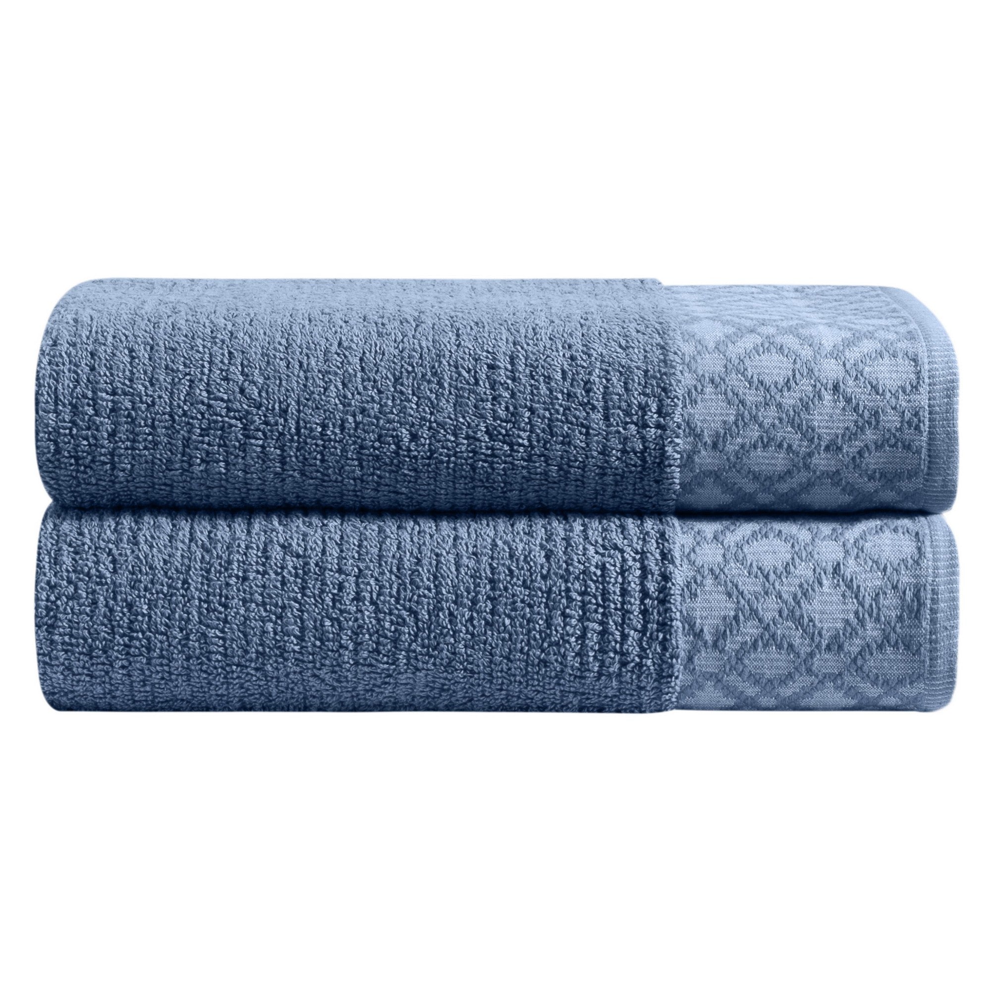 Nitra Collection Cotton Luxury Bath Towels by Market & Place featuring premium 100% cotton construction with an elegant geometric dobby border. Available in multiple colors and set configurations, including bath towels, hand towels, and washcloths, shown folded and stacked to highlight their soft, plush, and absorbent texture.