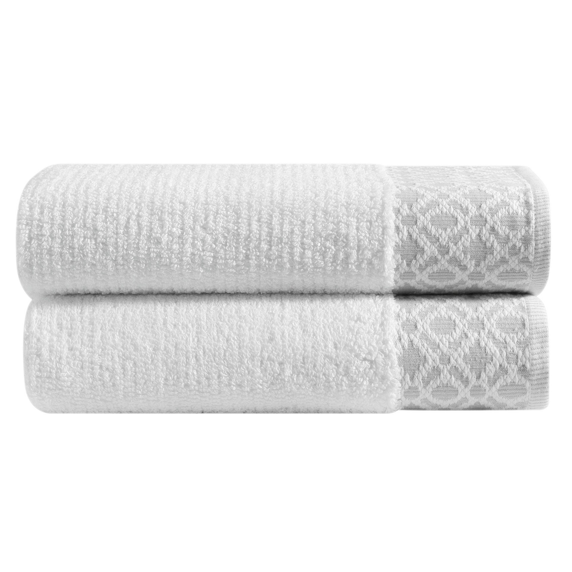Nitra Collection Cotton Luxury Bath Towels by Market & Place featuring premium 100% cotton construction with an elegant geometric dobby border. Available in multiple colors and set configurations, including bath towels, hand towels, and washcloths, shown folded and stacked to highlight their soft, plush, and absorbent texture.