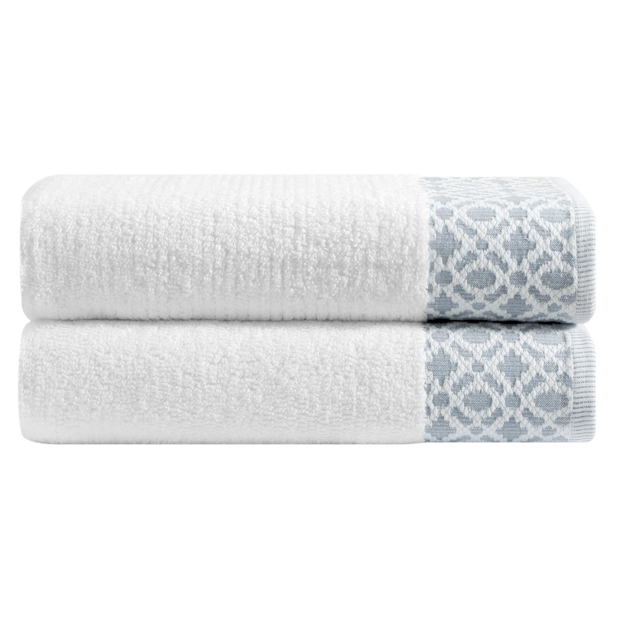 Nitra Collection Cotton Luxury Bath Towels by Market & Place featuring premium 100% cotton construction with an elegant geometric dobby border. Available in multiple colors and set configurations, including bath towels, hand towels, and washcloths, shown folded and stacked to highlight their soft, plush, and absorbent texture.