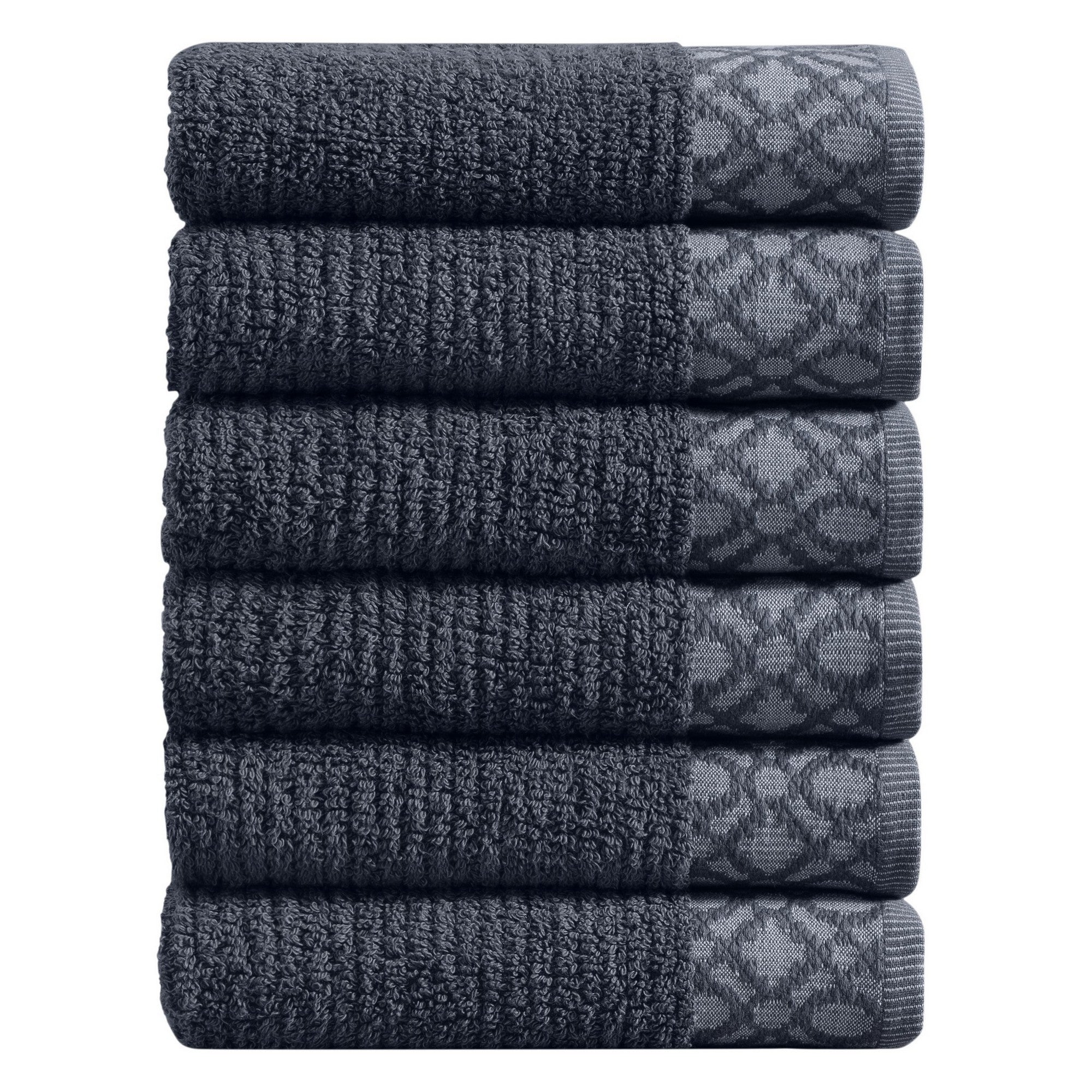 Nitra Collection Cotton Luxury Bath Towels by Market & Place featuring premium 100% cotton construction with an elegant geometric dobby border. Available in multiple colors and set configurations, including bath towels, hand towels, and washcloths, shown folded and stacked to highlight their soft, plush, and absorbent texture.