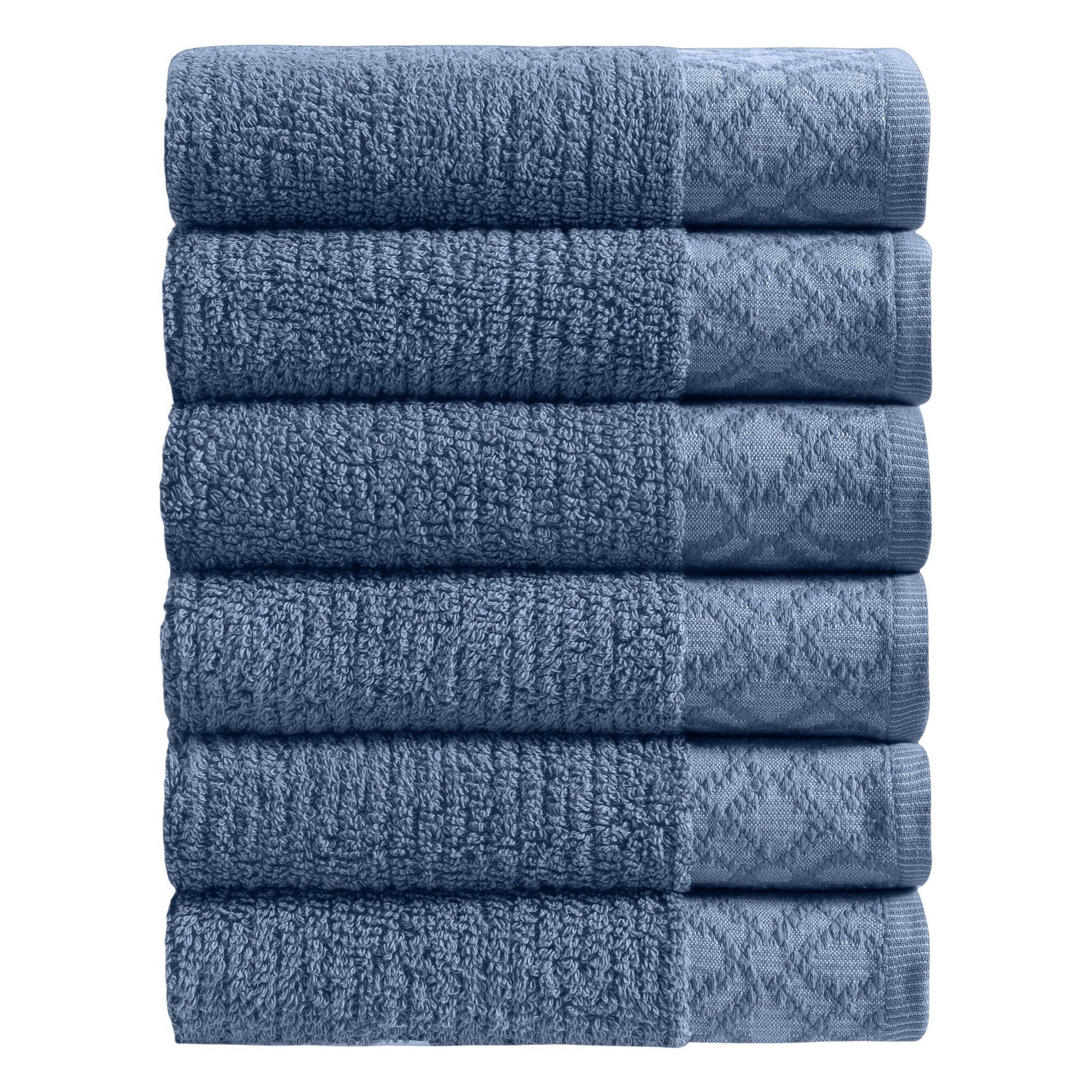 Nitra Collection Cotton Luxury Bath Towels by Market & Place featuring premium 100% cotton construction with an elegant geometric dobby border. Available in multiple colors and set configurations, including bath towels, hand towels, and washcloths, shown folded and stacked to highlight their soft, plush, and absorbent texture.
