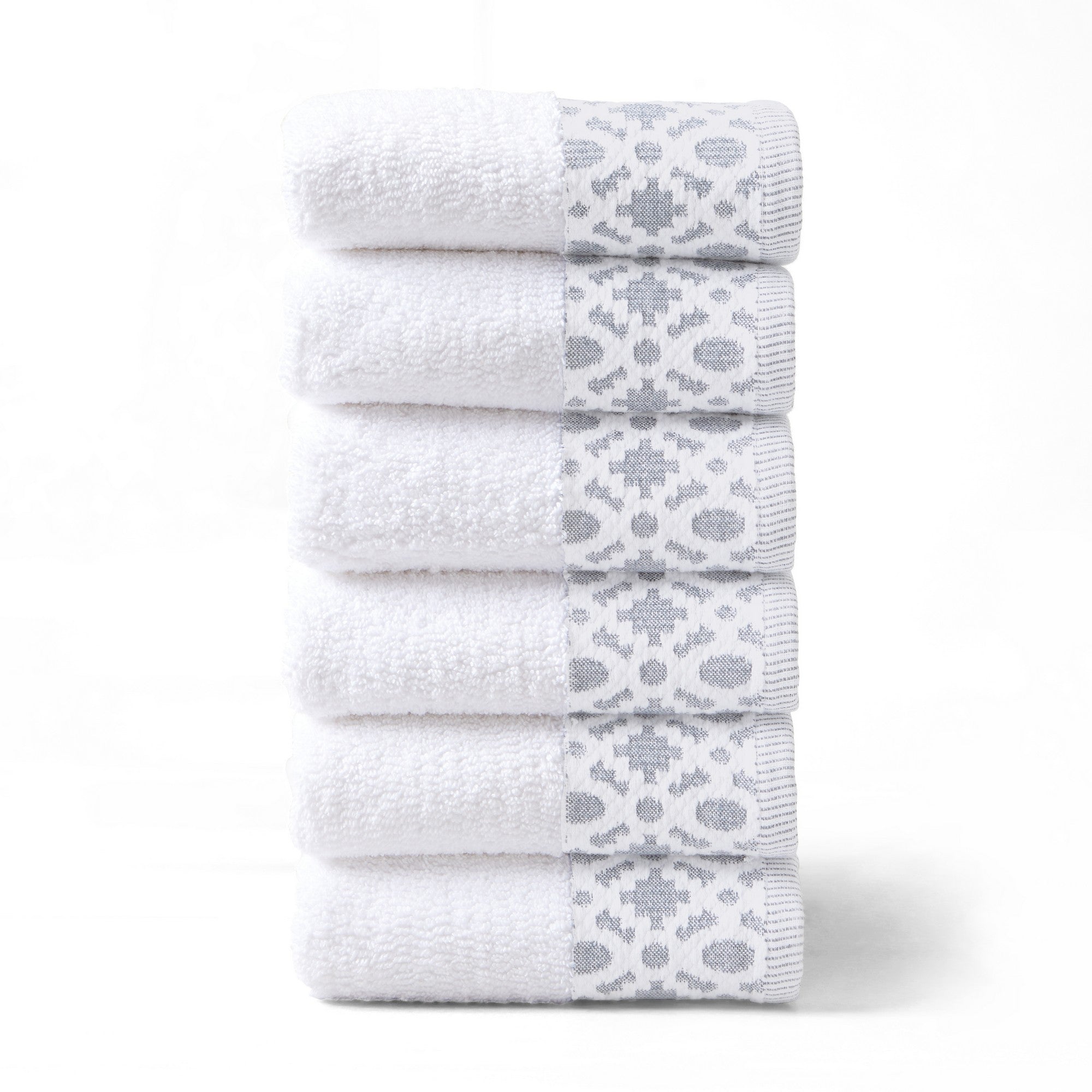 Nitra Collection Cotton Luxury Bath Towels by Market & Place featuring premium 100% cotton construction with an elegant geometric dobby border. Available in multiple colors and set configurations, including bath towels, hand towels, and washcloths, shown folded and stacked to highlight their soft, plush, and absorbent texture.