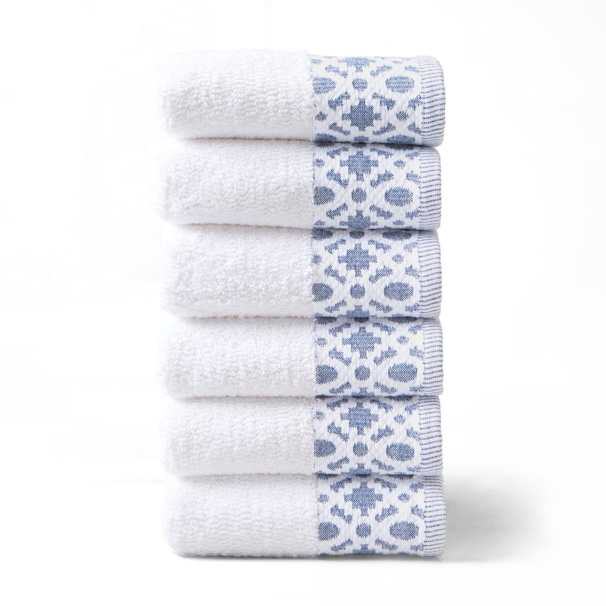 Nitra Collection Cotton Luxury Bath Towels by Market & Place featuring premium 100% cotton construction with an elegant geometric dobby border. Available in multiple colors and set configurations, including bath towels, hand towels, and washcloths, shown folded and stacked to highlight their soft, plush, and absorbent texture.