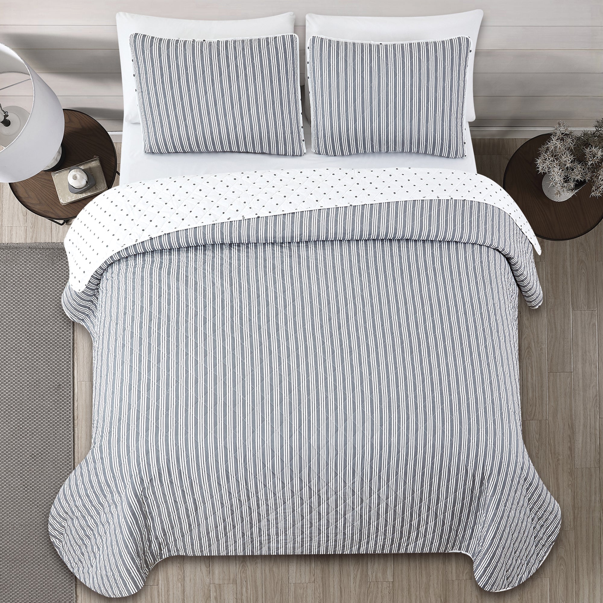 Nora Collection striped quilt set featuring classic striped patterns with a reversible dotted design, shown in multiple colorways and styling views. Soft, lightweight bedding with coordinating shams, displayed on beds and in close-up detail shots.