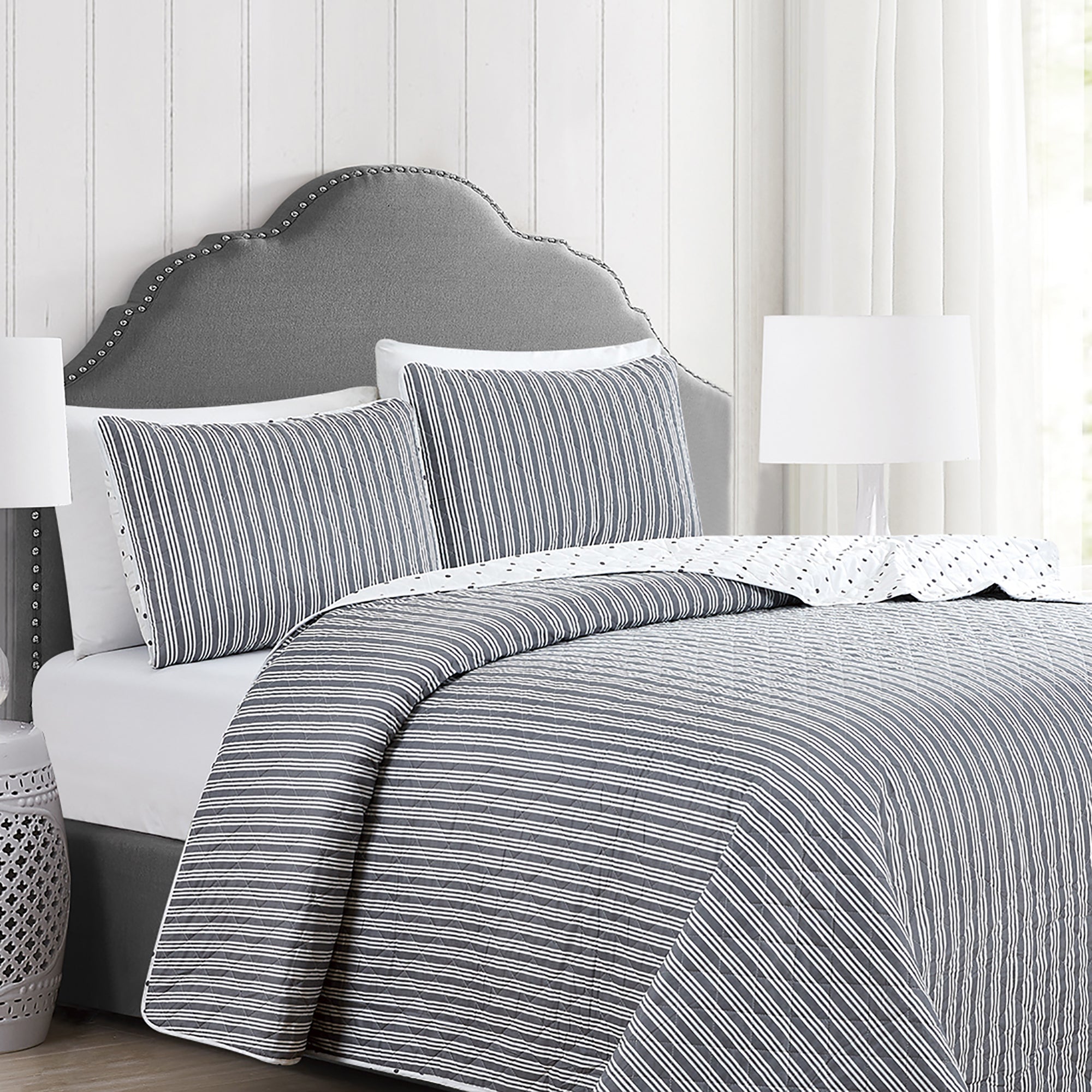 Nora Collection striped quilt set featuring classic striped patterns with a reversible dotted design, shown in multiple colorways and styling views. Soft, lightweight bedding with coordinating shams, displayed on beds and in close-up detail shots.