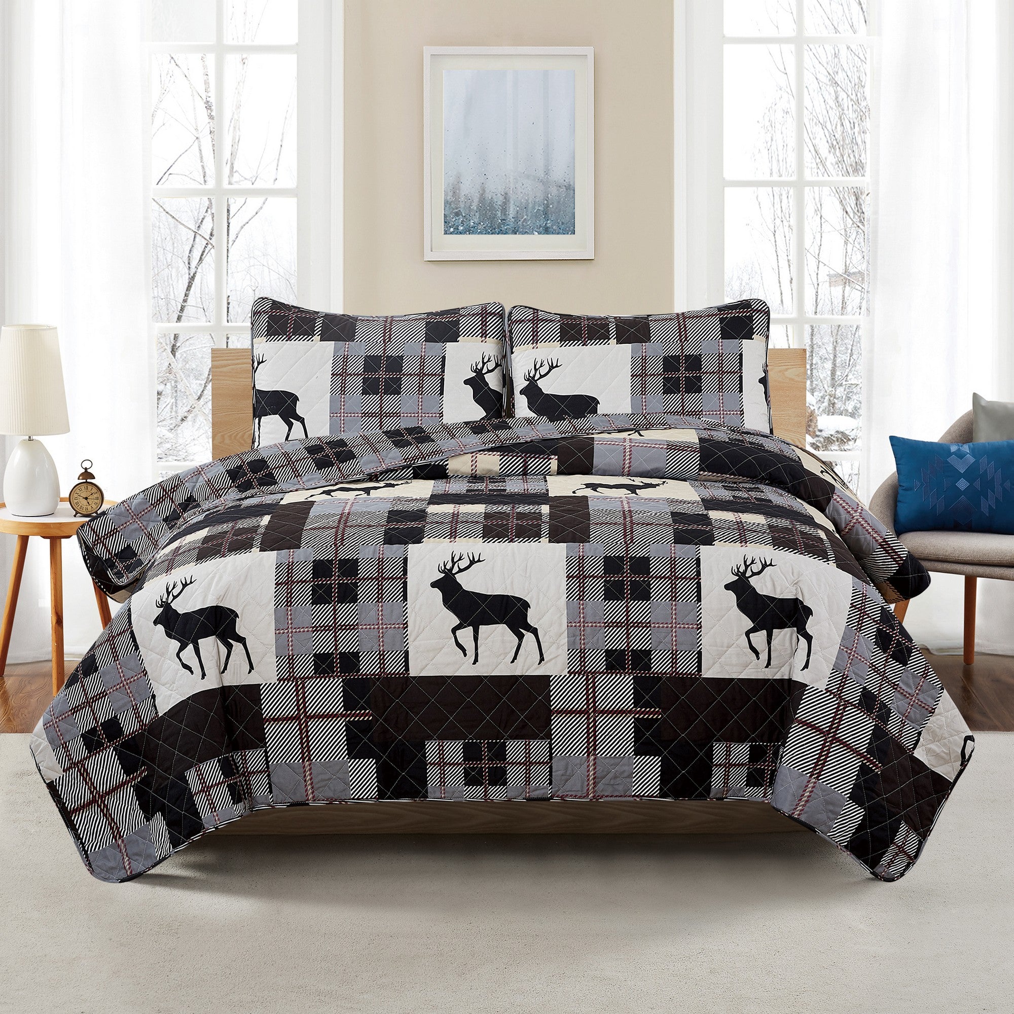 Everest Collection Lodge Quilt Set featuring rustic plaid patterns with deer motifs, shown in multiple styling views and close-up detail shots. Soft, reversible bedding with coordinating shams, designed to bring cozy cabin-inspired style and year-round comfort to the bedroom.