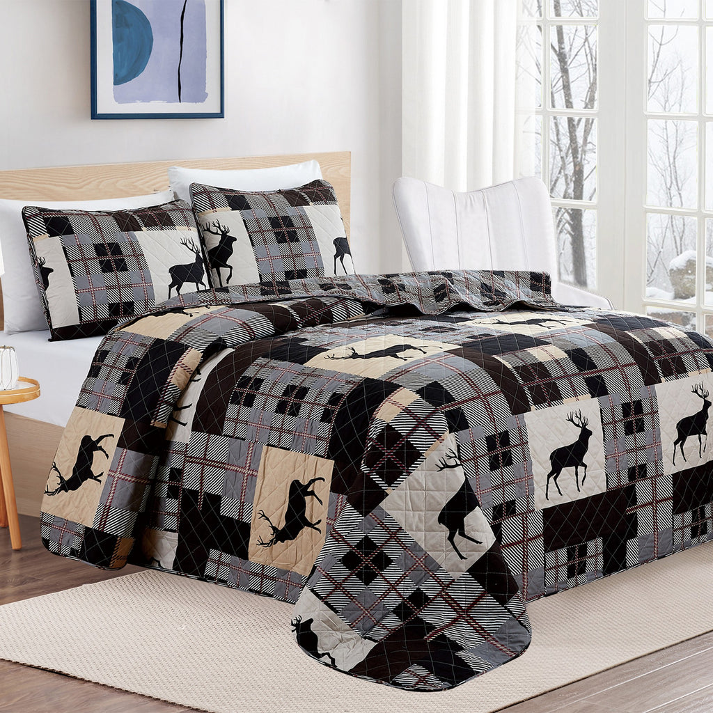 Everest Collection Lodge Quilt Set featuring rustic plaid patterns with deer motifs, shown in multiple styling views and close-up detail shots. Soft, reversible bedding with coordinating shams, designed to bring cozy cabin-inspired style and year-round comfort to the bedroom.