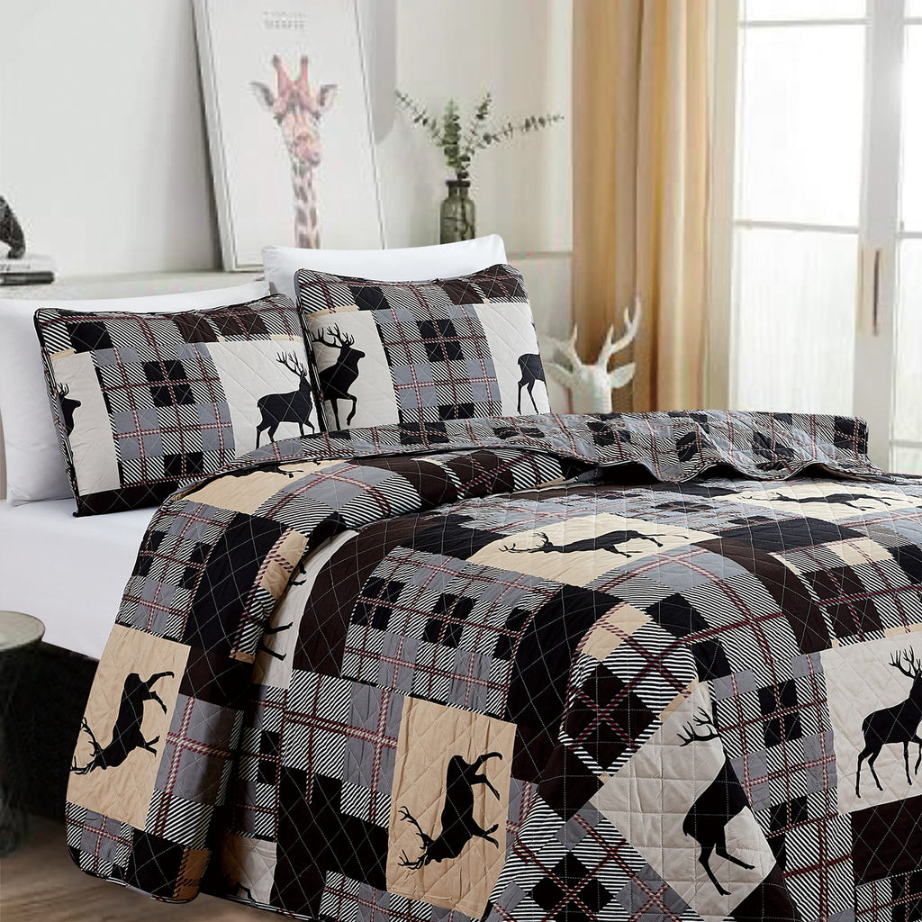 Everest Collection Lodge Quilt Set featuring rustic plaid patterns with deer motifs, shown in multiple styling views and close-up detail shots. Soft, reversible bedding with coordinating shams, designed to bring cozy cabin-inspired style and year-round comfort to the bedroom.