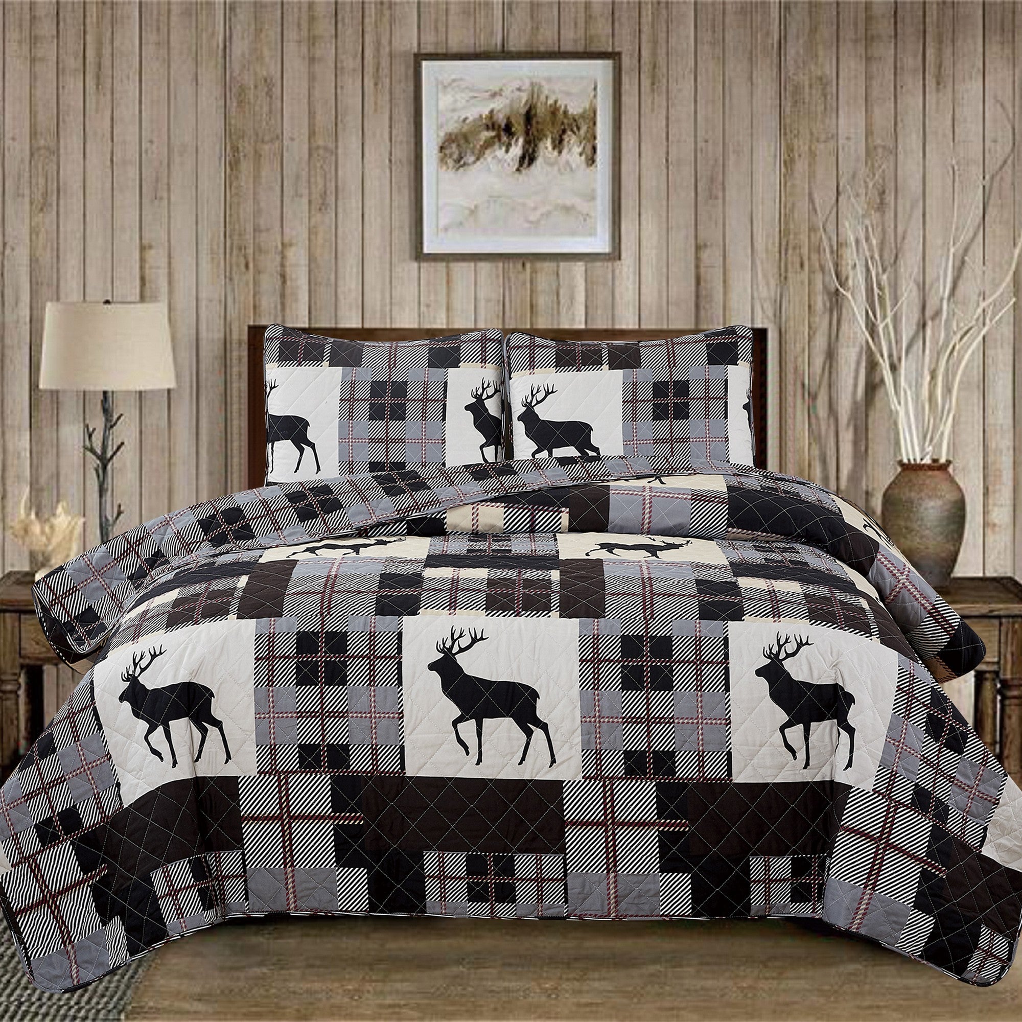 Everest Collection Lodge Quilt Set featuring rustic plaid patterns with deer motifs, shown in multiple styling views and close-up detail shots. Soft, reversible bedding with coordinating shams, designed to bring cozy cabin-inspired style and year-round comfort to the bedroom.