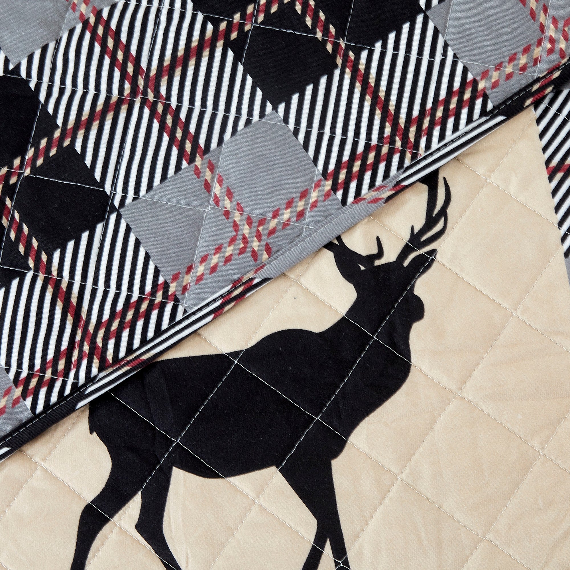 Everest Collection Lodge Quilt Set featuring rustic plaid patterns with deer motifs, shown in multiple styling views and close-up detail shots. Soft, reversible bedding with coordinating shams, designed to bring cozy cabin-inspired style and year-round comfort to the bedroom.