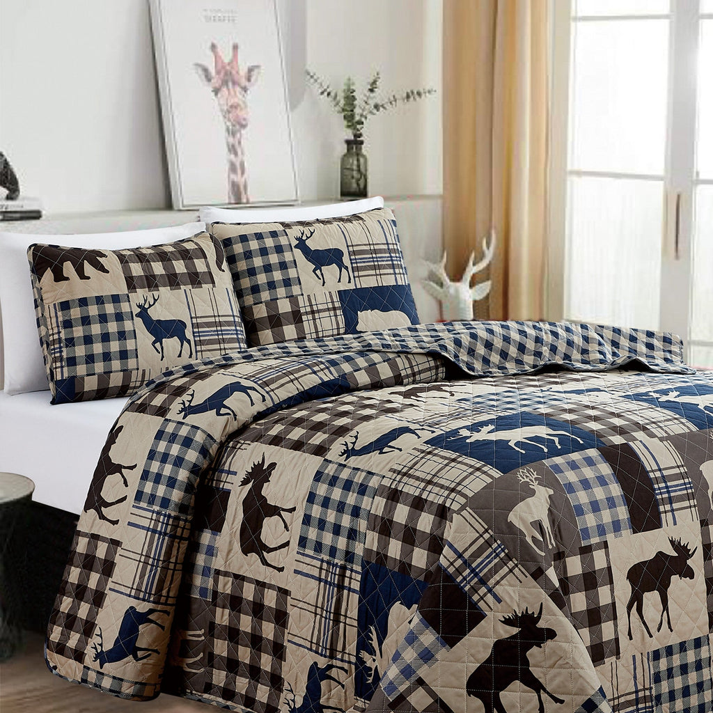 Reversible lodge quilt set featuring rustic plaid patterns and woodland-inspired motifs. Crafted with a soft microfiber shell and cotton-rich fill, this cozy bedding set includes matching sham(s) and brings cabin-inspired style to any bedroom.
