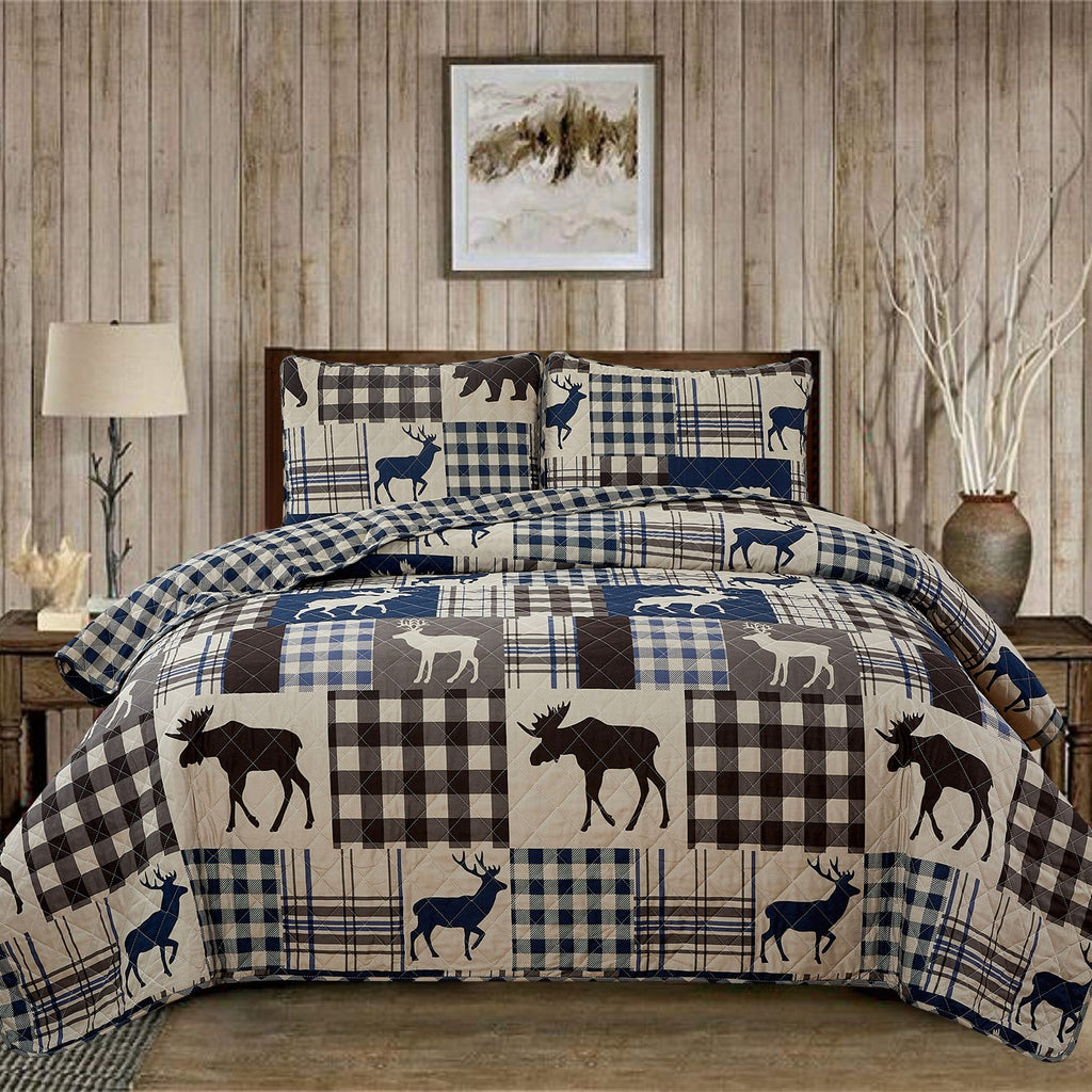 Reversible lodge quilt set featuring rustic plaid patterns and woodland-inspired motifs. Crafted with a soft microfiber shell and cotton-rich fill, this cozy bedding set includes matching sham(s) and brings cabin-inspired style to any bedroom.