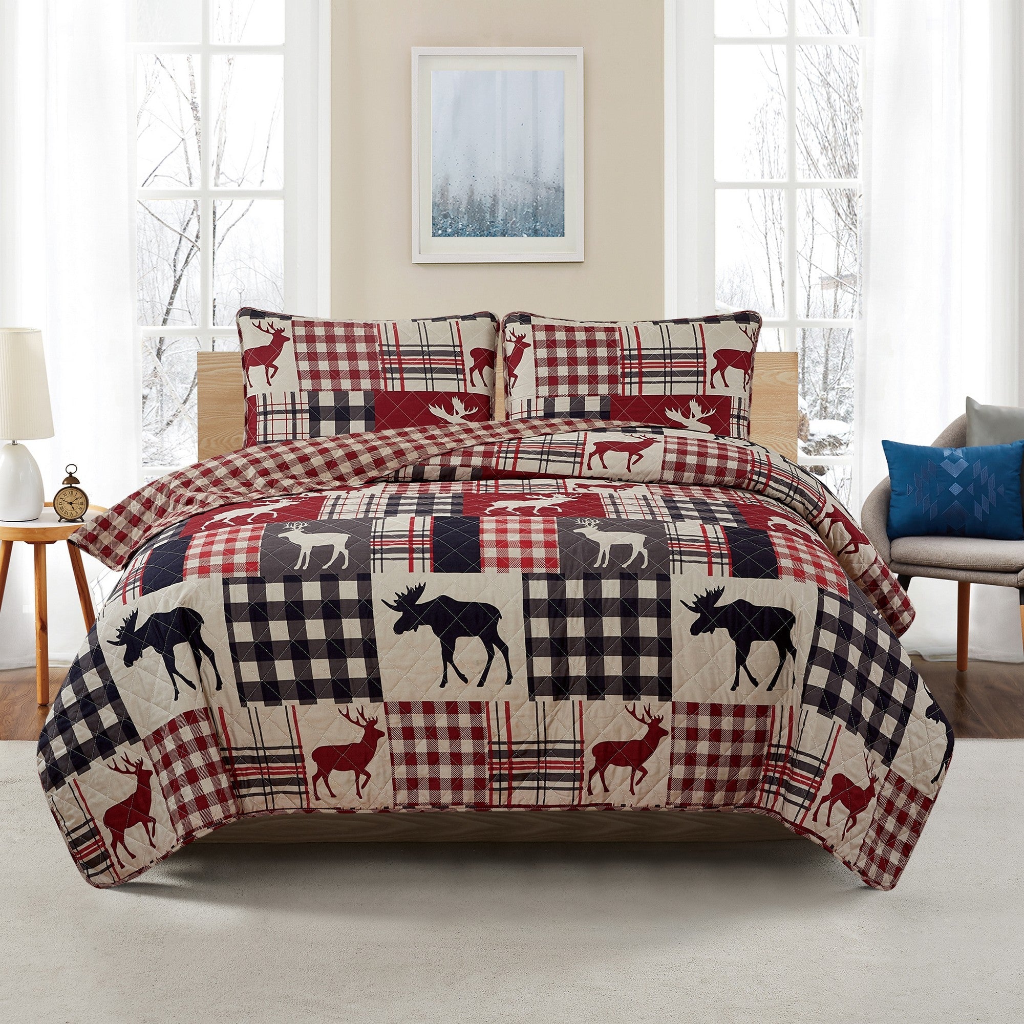 Reversible lodge quilt set featuring rustic plaid patterns and woodland-inspired motifs. Crafted with a soft microfiber shell and cotton-rich fill, this cozy bedding set includes matching sham(s) and brings cabin-inspired style to any bedroom.