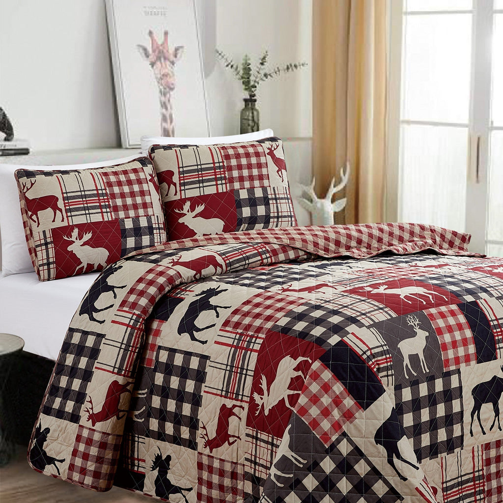 Reversible lodge quilt set featuring rustic plaid patterns and woodland-inspired motifs. Crafted with a soft microfiber shell and cotton-rich fill, this cozy bedding set includes matching sham(s) and brings cabin-inspired style to any bedroom.