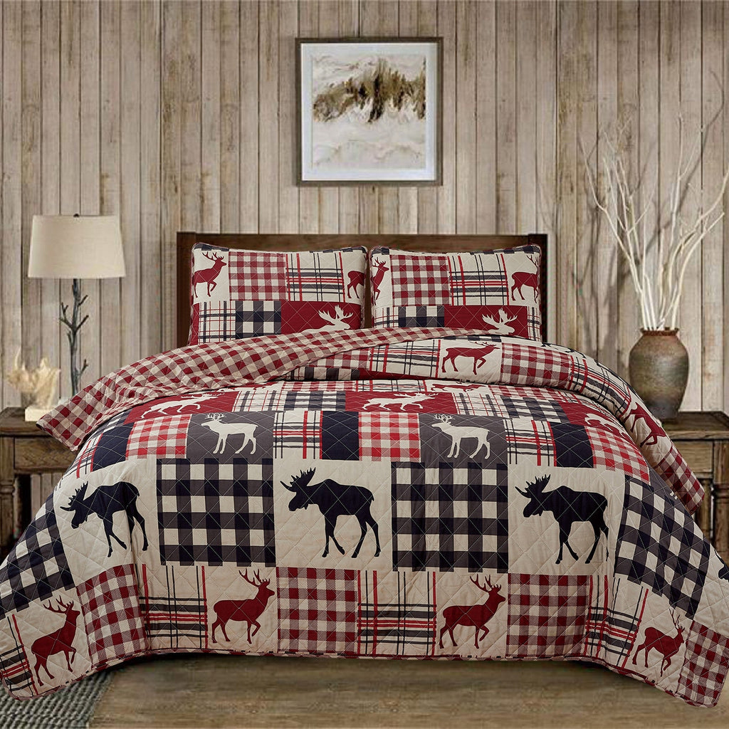 Reversible lodge quilt set featuring rustic plaid patterns and woodland-inspired motifs. Crafted with a soft microfiber shell and cotton-rich fill, this cozy bedding set includes matching sham(s) and brings cabin-inspired style to any bedroom.