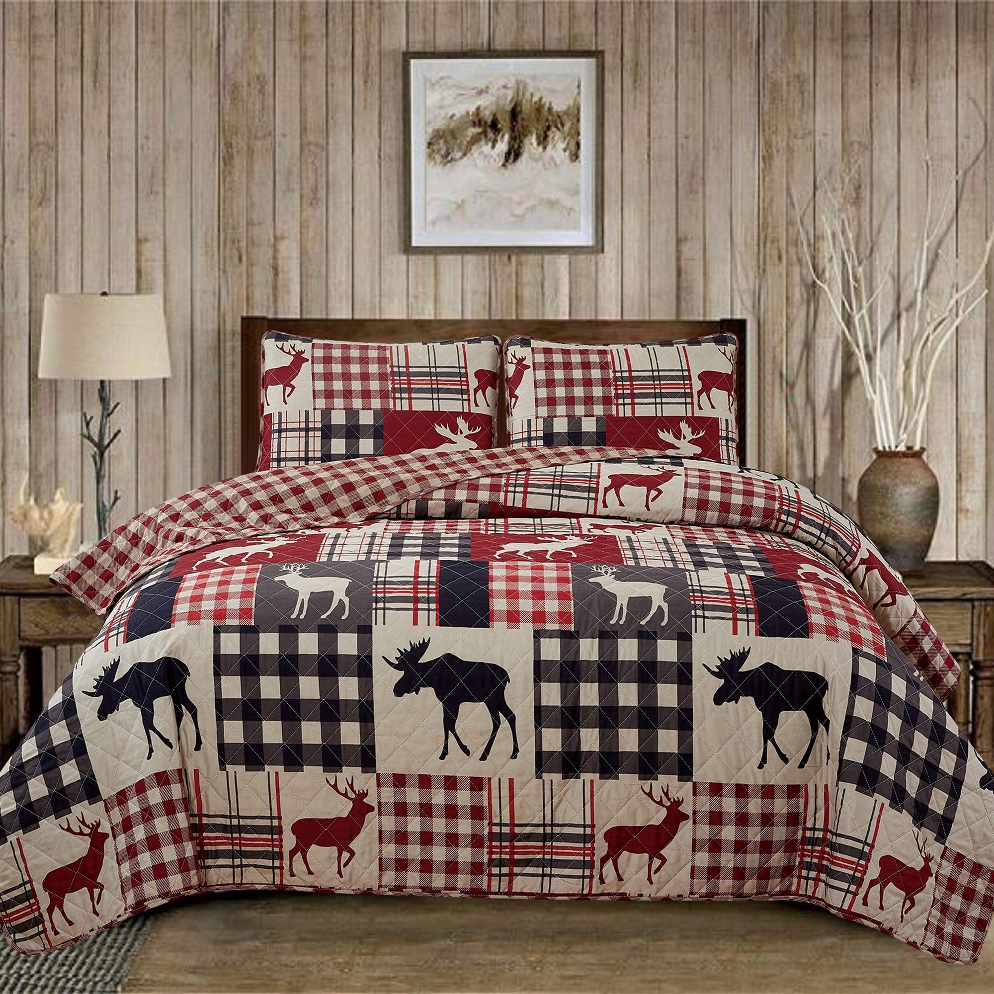 Reversible lodge quilt set featuring rustic plaid patterns and woodland-inspired motifs. Crafted with a soft microfiber shell and cotton-rich fill, this cozy bedding set includes matching sham(s) and brings cabin-inspired style to any bedroom.