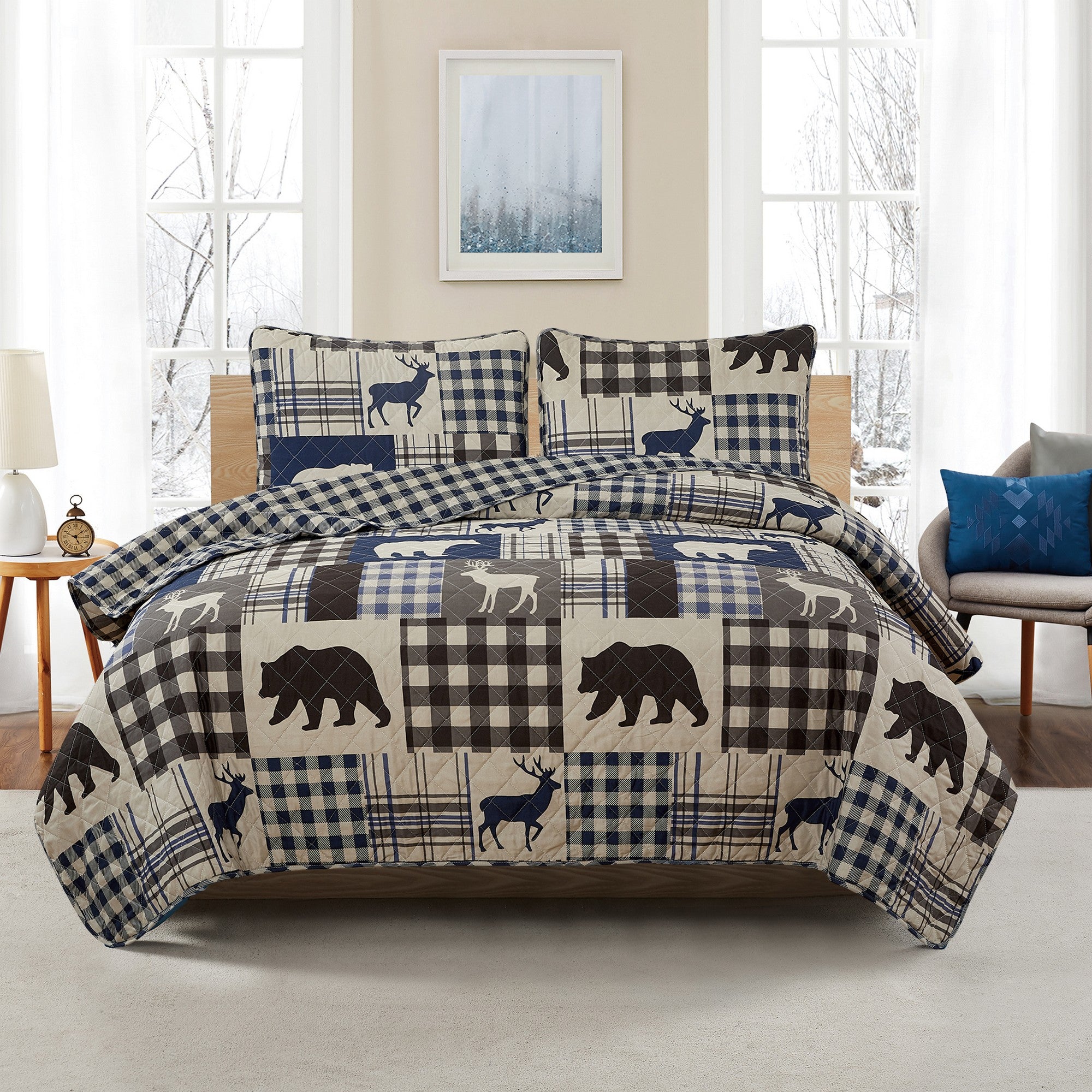 Redington Collection Bear Lodge Quilt Set featuring rustic patchwork designs with bear motifs and plaid patterns, shown in multiple colorways and styling views. Soft, reversible bedding with coordinating shams, displayed on beds and in close-up detail shots.