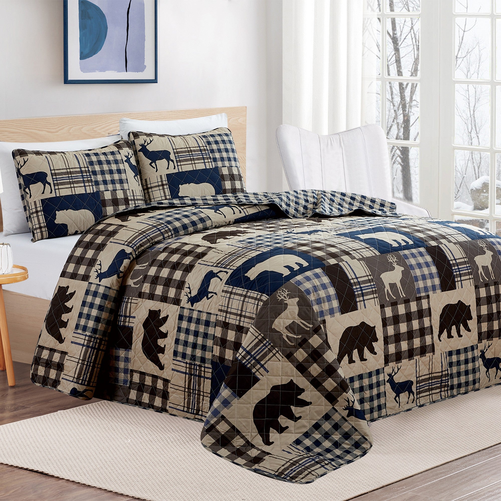 Redington Collection Bear Lodge Quilt Set featuring rustic patchwork designs with bear motifs and plaid patterns, shown in multiple colorways and styling views. Soft, reversible bedding with coordinating shams, displayed on beds and in close-up detail shots.