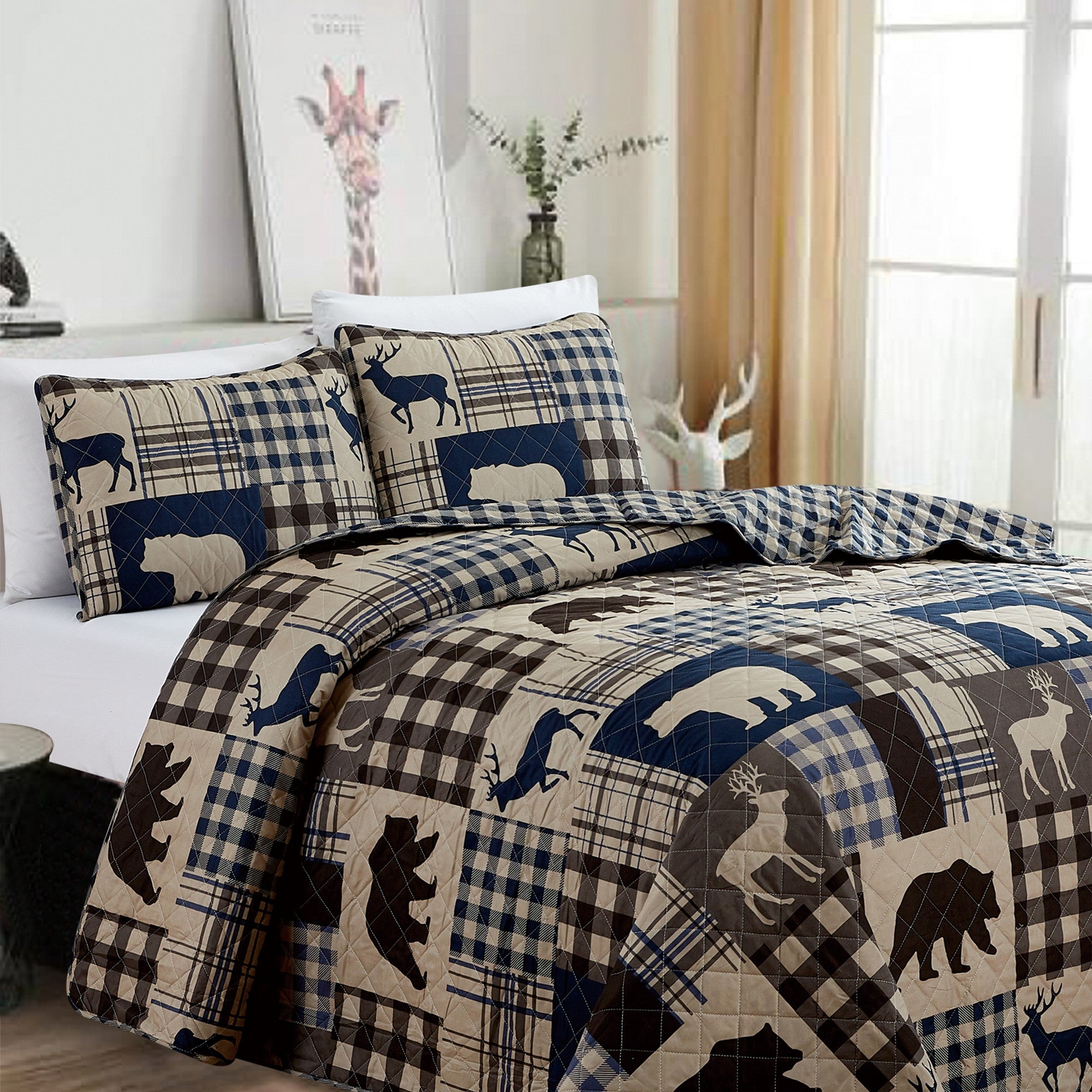 Redington Collection Bear Lodge Quilt Set featuring rustic patchwork designs with bear motifs and plaid patterns, shown in multiple colorways and styling views. Soft, reversible bedding with coordinating shams, displayed on beds and in close-up detail shots.