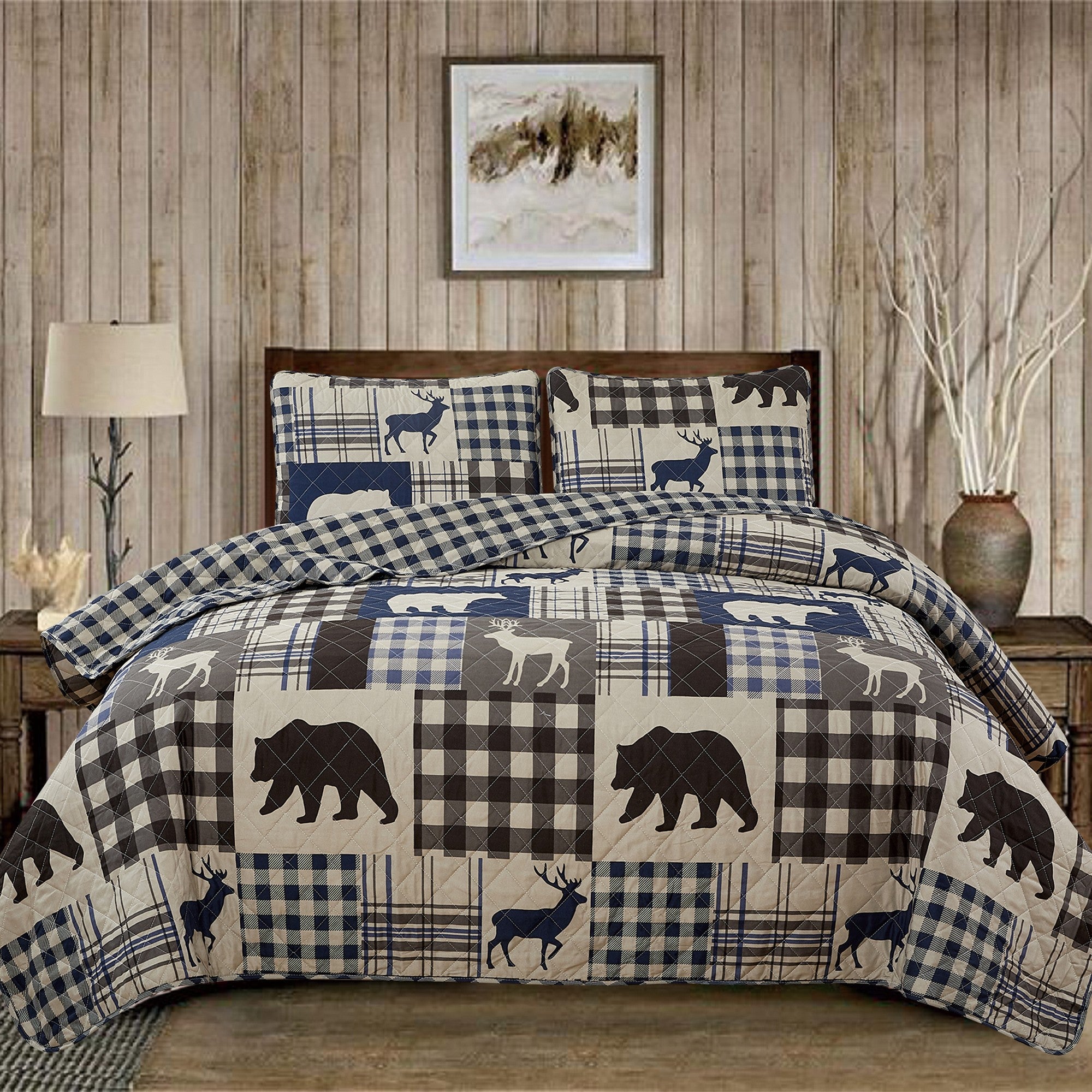 Redington Collection Bear Lodge Quilt Set featuring rustic patchwork designs with bear motifs and plaid patterns, shown in multiple colorways and styling views. Soft, reversible bedding with coordinating shams, displayed on beds and in close-up detail shots.