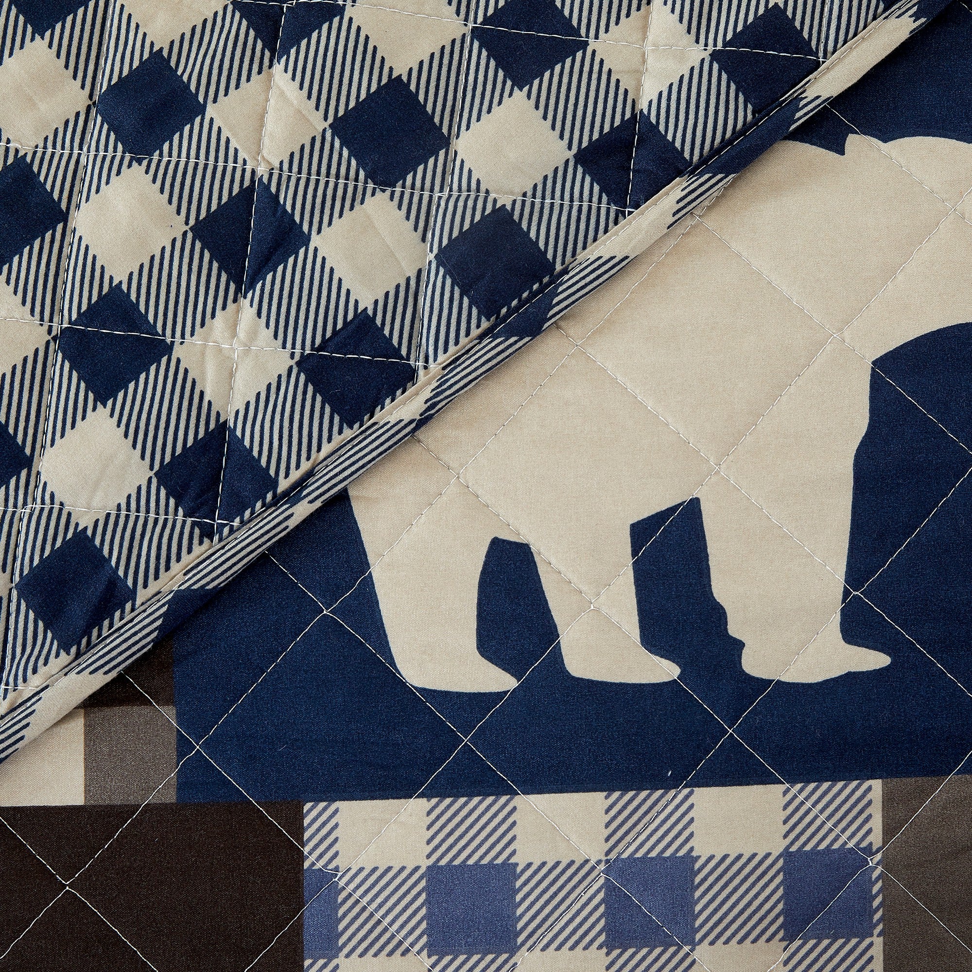 Redington Collection Bear Lodge Quilt Set featuring rustic patchwork designs with bear motifs and plaid patterns, shown in multiple colorways and styling views. Soft, reversible bedding with coordinating shams, displayed on beds and in close-up detail shots.