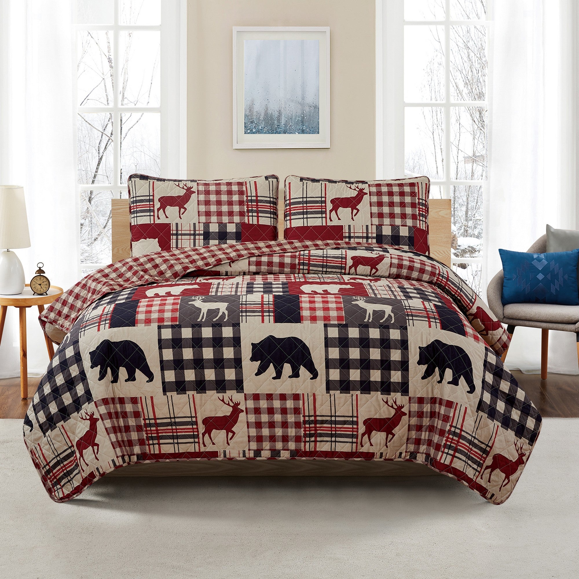 Redington Collection Bear Lodge Quilt Set featuring rustic patchwork designs with bear motifs and plaid patterns, shown in multiple colorways and styling views. Soft, reversible bedding with coordinating shams, displayed on beds and in close-up detail shots.