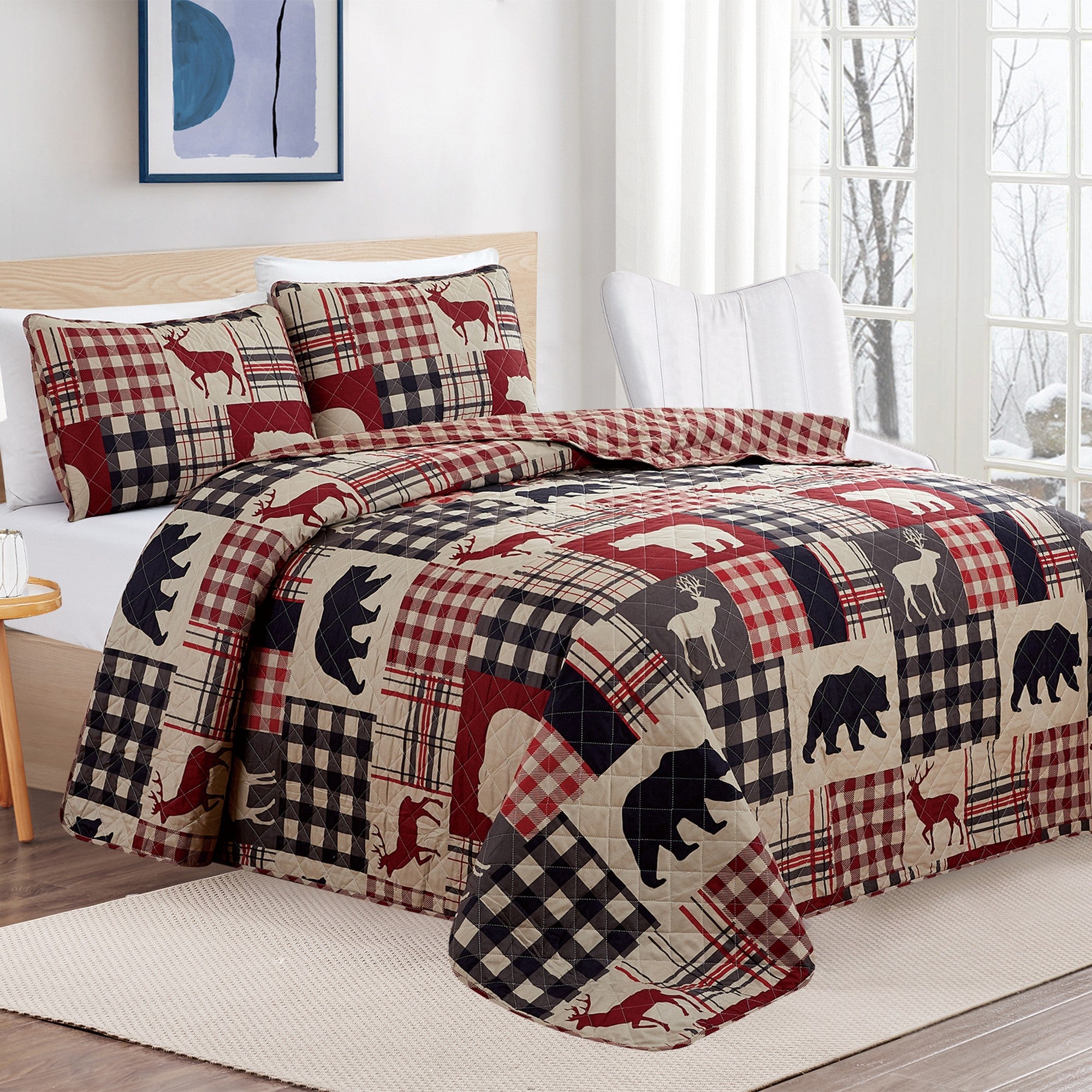 Redington Collection Bear Lodge Quilt Set featuring rustic patchwork designs with bear motifs and plaid patterns, shown in multiple colorways and styling views. Soft, reversible bedding with coordinating shams, displayed on beds and in close-up detail shots.