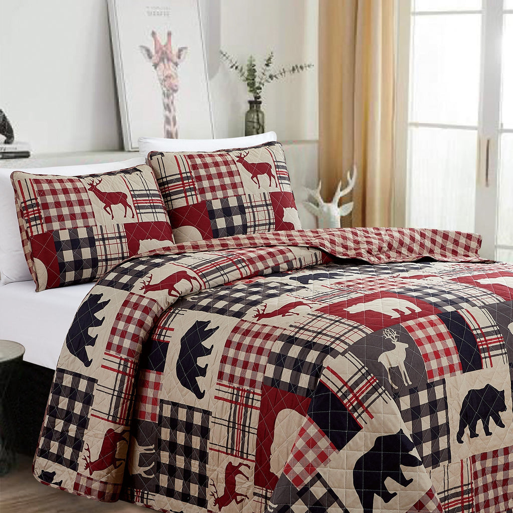 Redington Collection Bear Lodge Quilt Set featuring rustic patchwork designs with bear motifs and plaid patterns, shown in multiple colorways and styling views. Soft, reversible bedding with coordinating shams, displayed on beds and in close-up detail shots.