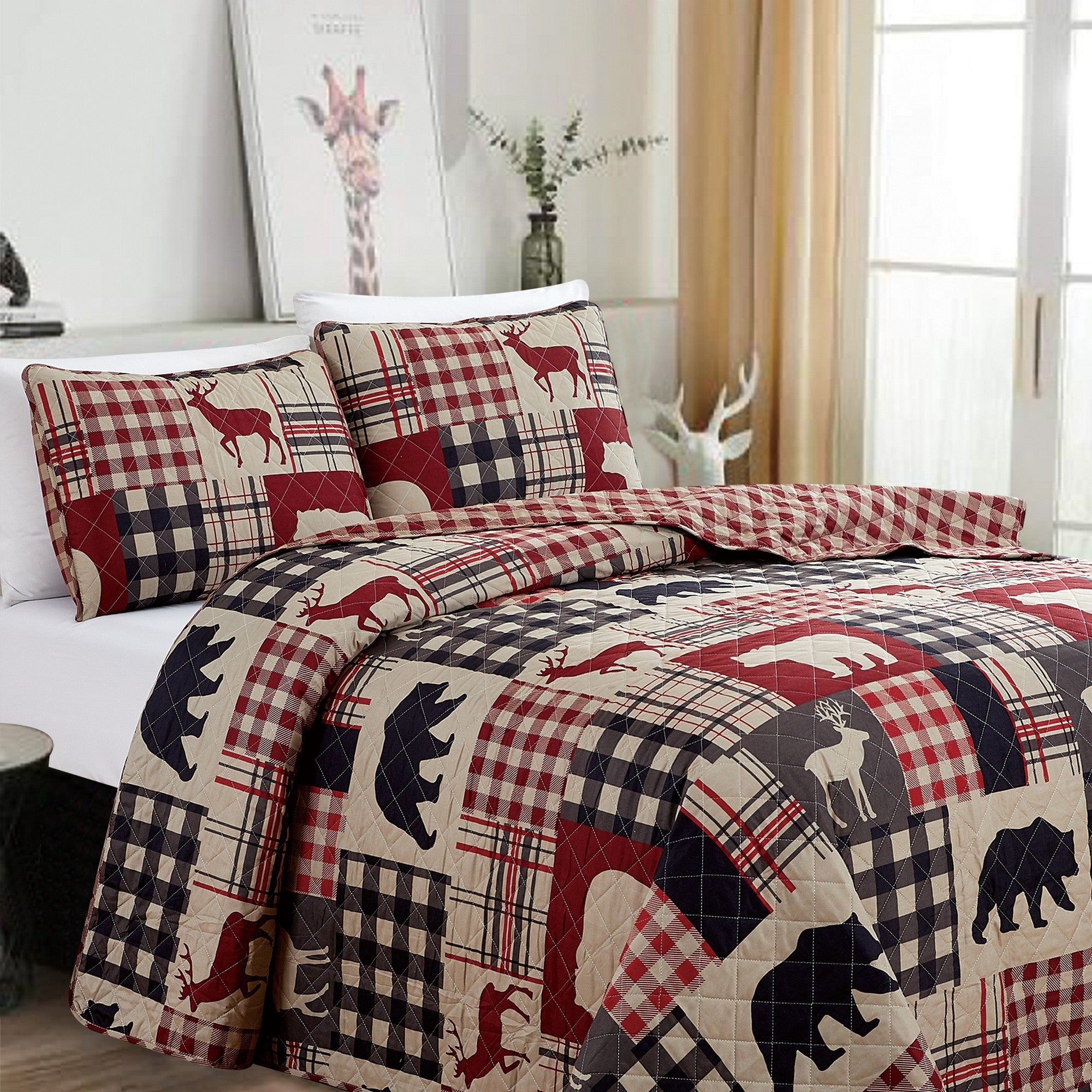 Redington Collection Bear Lodge Quilt Set featuring rustic patchwork designs with bear motifs and plaid patterns, shown in multiple colorways and styling views. Soft, reversible bedding with coordinating shams, displayed on beds and in close-up detail shots.