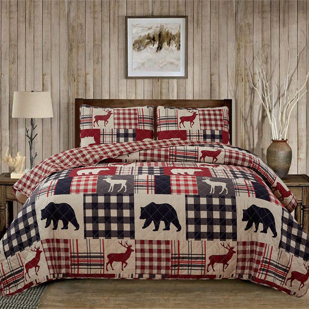 Redington Collection Bear Lodge Quilt Set featuring rustic patchwork designs with bear motifs and plaid patterns, shown in multiple colorways and styling views. Soft, reversible bedding with coordinating shams, displayed on beds and in close-up detail shots.