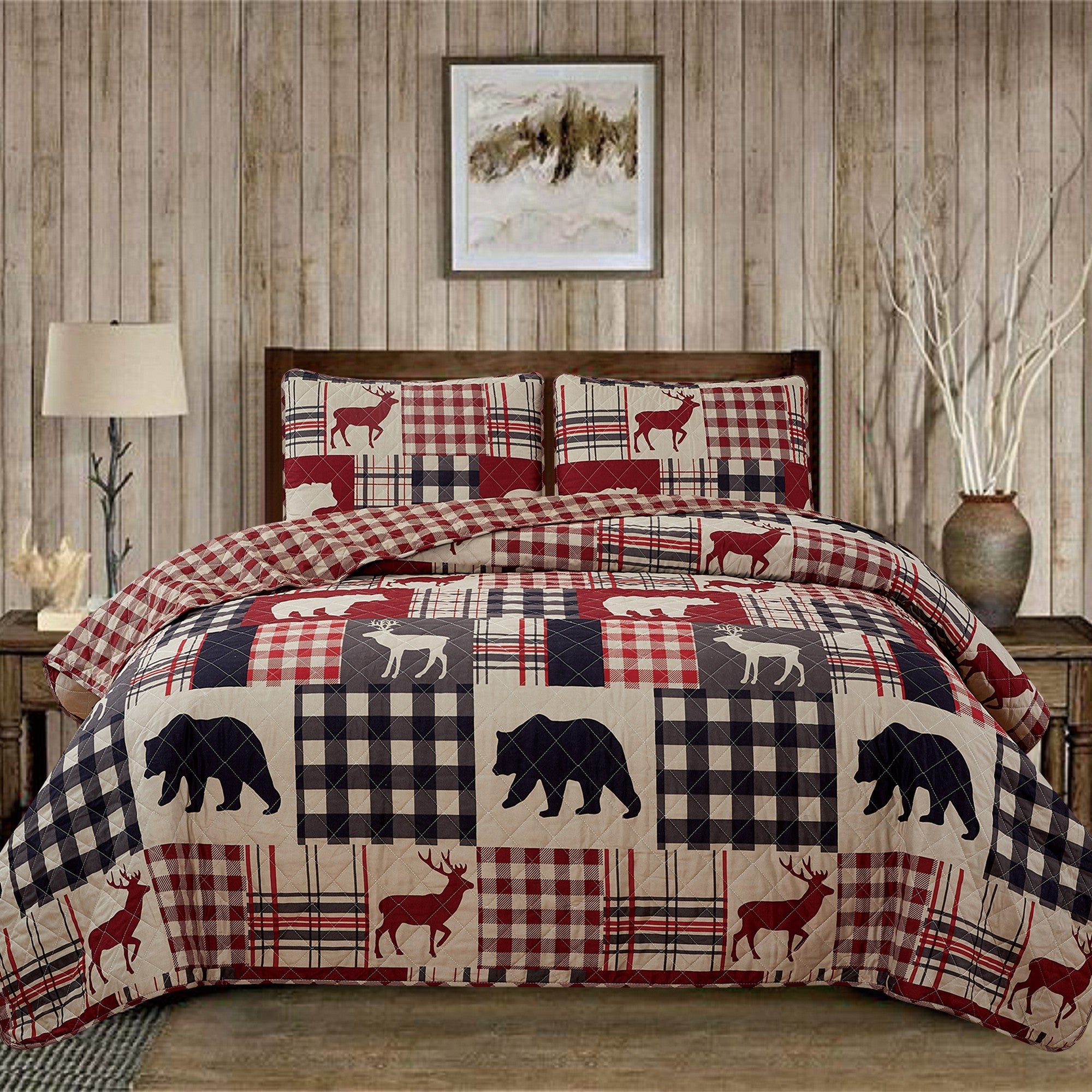 Redington Collection Bear Lodge Quilt Set featuring rustic patchwork designs with bear motifs and plaid patterns, shown in multiple colorways and styling views. Soft, reversible bedding with coordinating shams, displayed on beds and in close-up detail shots.
