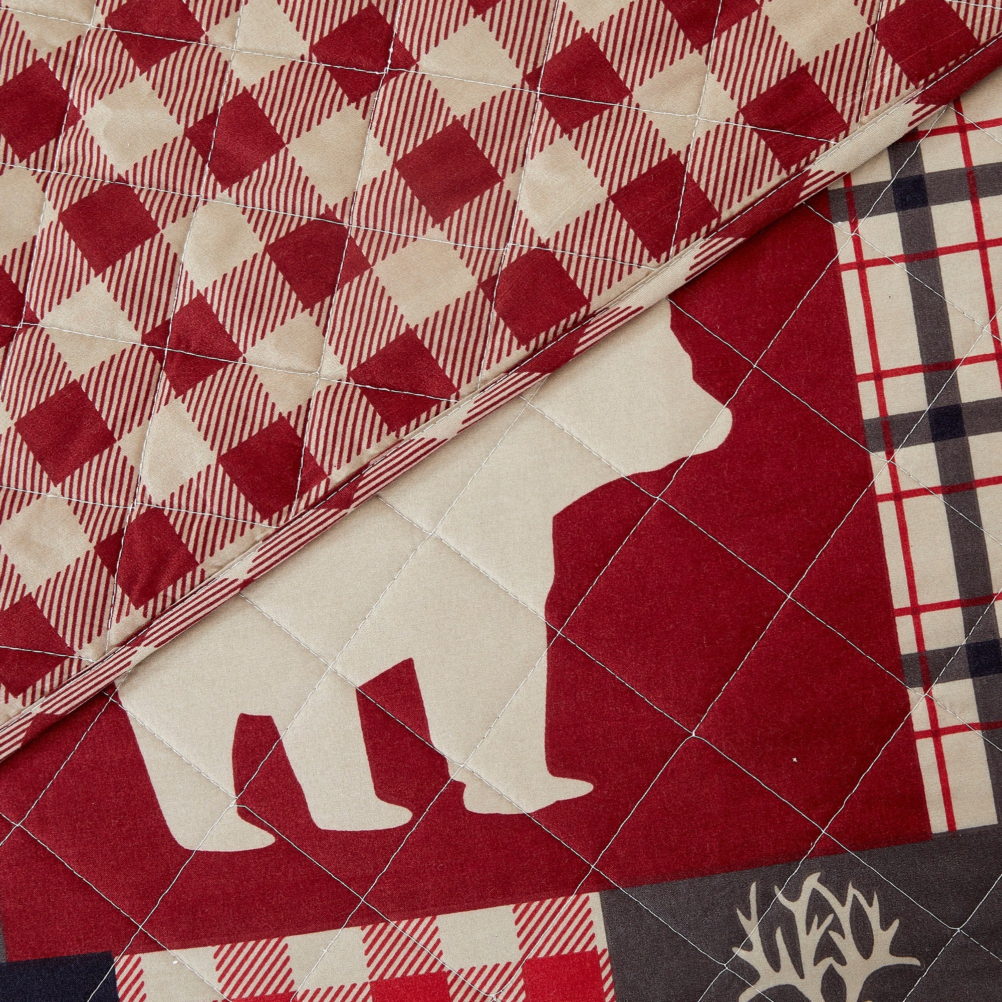 Redington Collection Bear Lodge Quilt Set featuring rustic patchwork designs with bear motifs and plaid patterns, shown in multiple colorways and styling views. Soft, reversible bedding with coordinating shams, displayed on beds and in close-up detail shots.