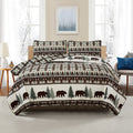Cedar Creek Collection Lodge Quilt Set featuring rustic woodland-inspired patterns with bears, deer, trees, and plaid accents, shown in multiple colorways and styling views. Soft, reversible bedding with coordinating shams, displayed on beds and in close-up detail shots.
