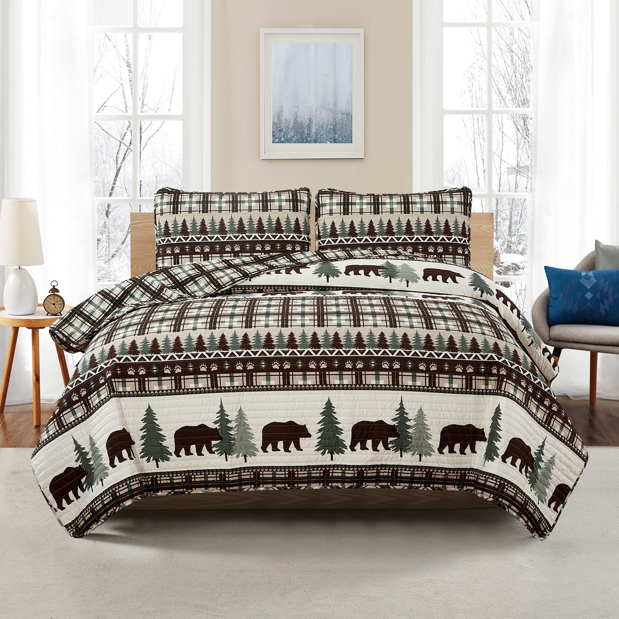 Cedar Creek Collection Lodge Quilt Set featuring rustic woodland-inspired patterns with bears, deer, trees, and plaid accents, shown in multiple colorways and styling views. Soft, reversible bedding with coordinating shams, displayed on beds and in close-up detail shots.