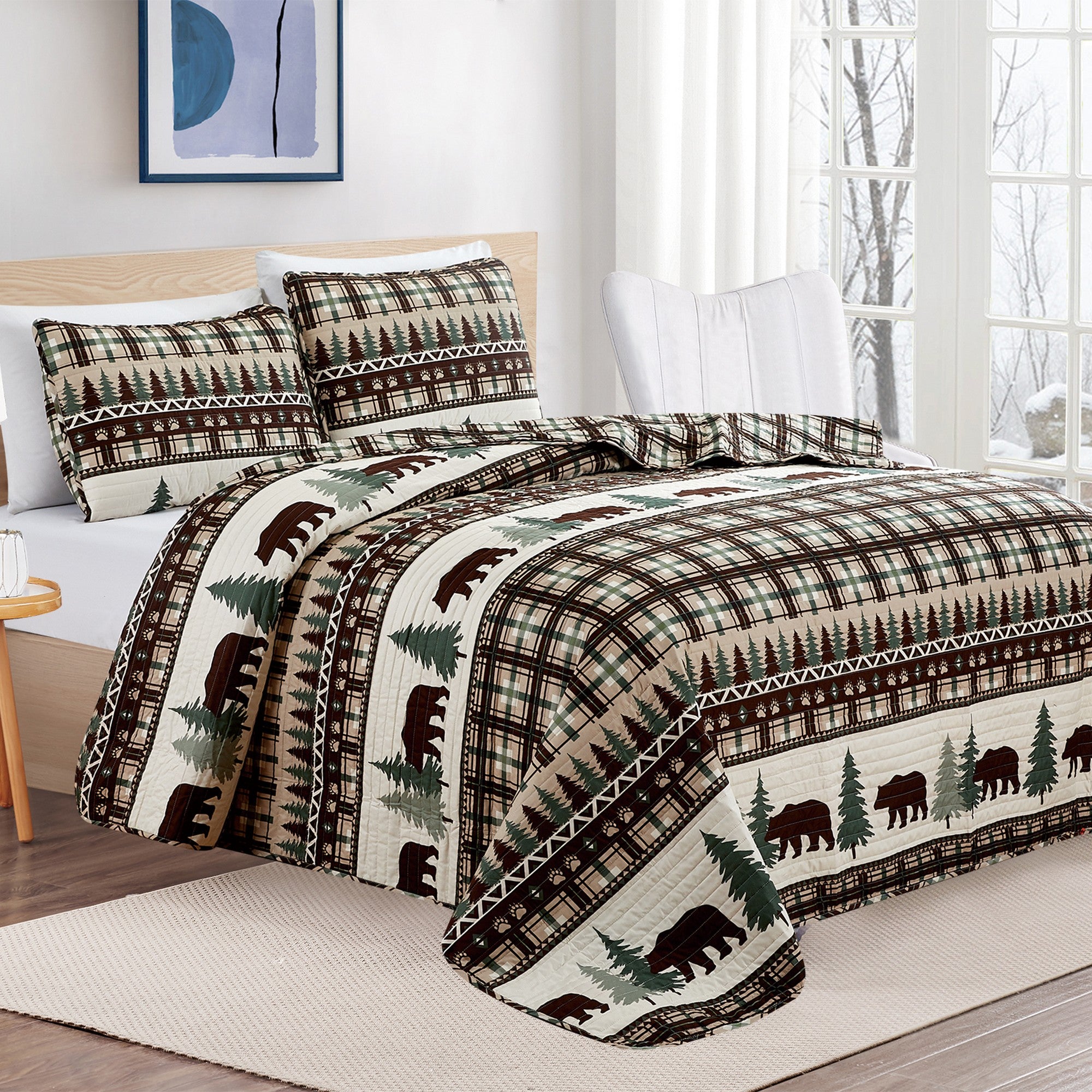 Cedar Creek Collection Lodge Quilt Set featuring rustic woodland-inspired patterns with bears, deer, trees, and plaid accents, shown in multiple colorways and styling views. Soft, reversible bedding with coordinating shams, displayed on beds and in close-up detail shots.