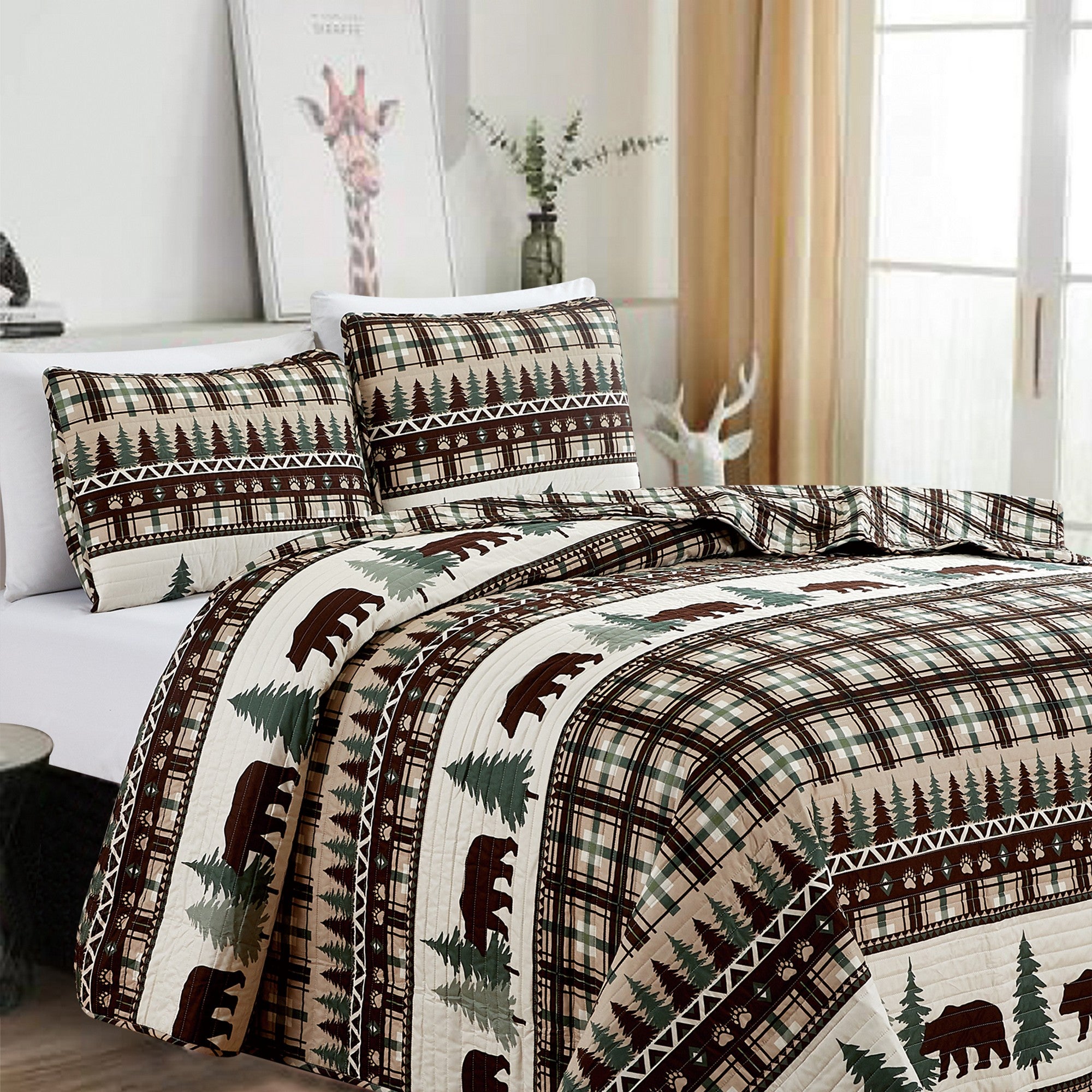 Cedar Creek Collection Lodge Quilt Set featuring rustic woodland-inspired patterns with bears, deer, trees, and plaid accents, shown in multiple colorways and styling views. Soft, reversible bedding with coordinating shams, displayed on beds and in close-up detail shots.