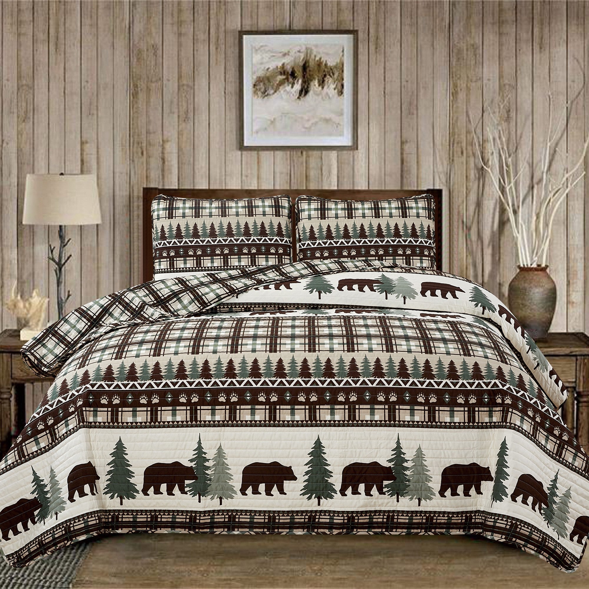 Cedar Creek Collection Lodge Quilt Set featuring rustic woodland-inspired patterns with bears, deer, trees, and plaid accents, shown in multiple colorways and styling views. Soft, reversible bedding with coordinating shams, displayed on beds and in close-up detail shots.