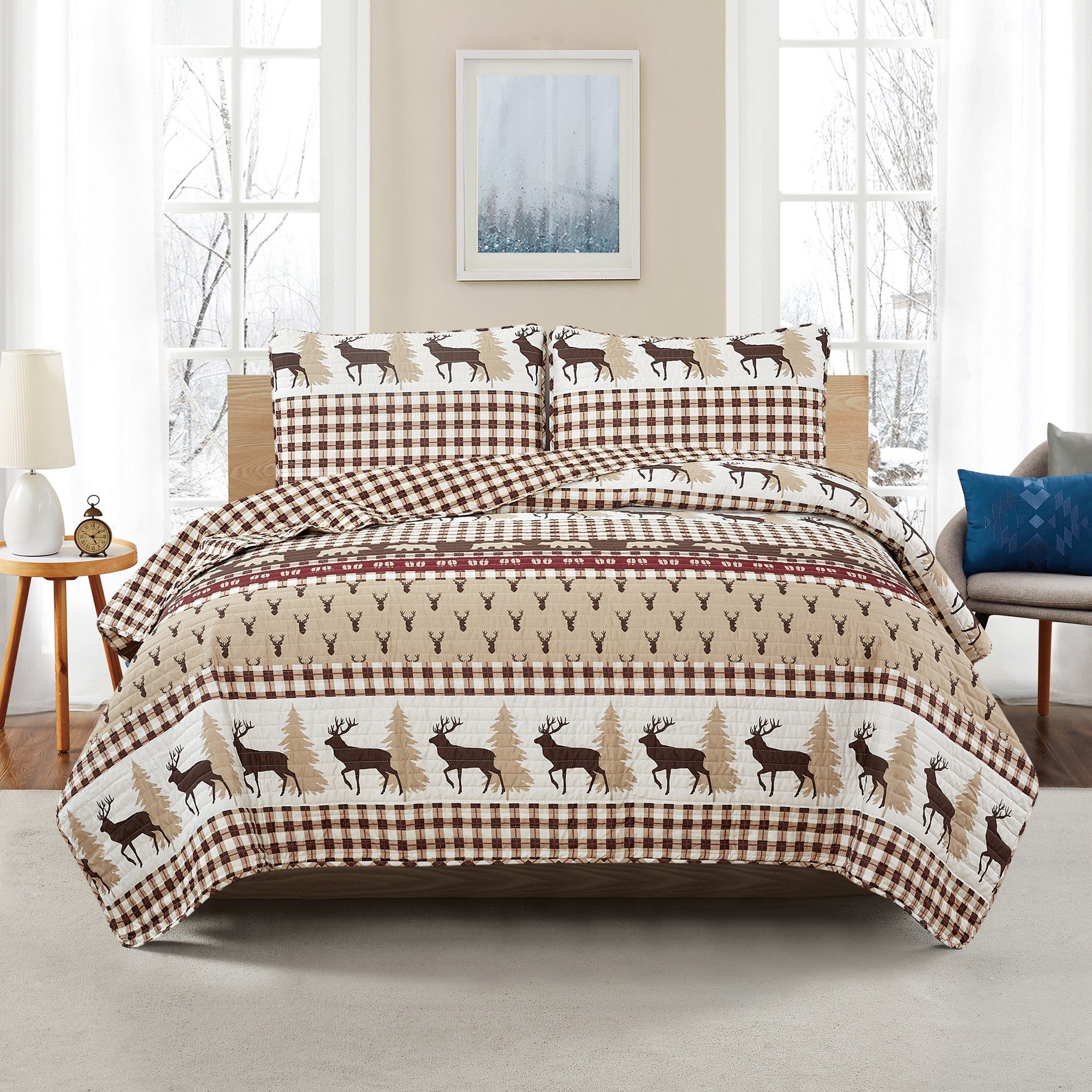 Cedar Creek Collection Lodge Quilt Set featuring rustic woodland-inspired patterns with bears, deer, trees, and plaid accents, shown in multiple colorways and styling views. Soft, reversible bedding with coordinating shams, displayed on beds and in close-up detail shots.