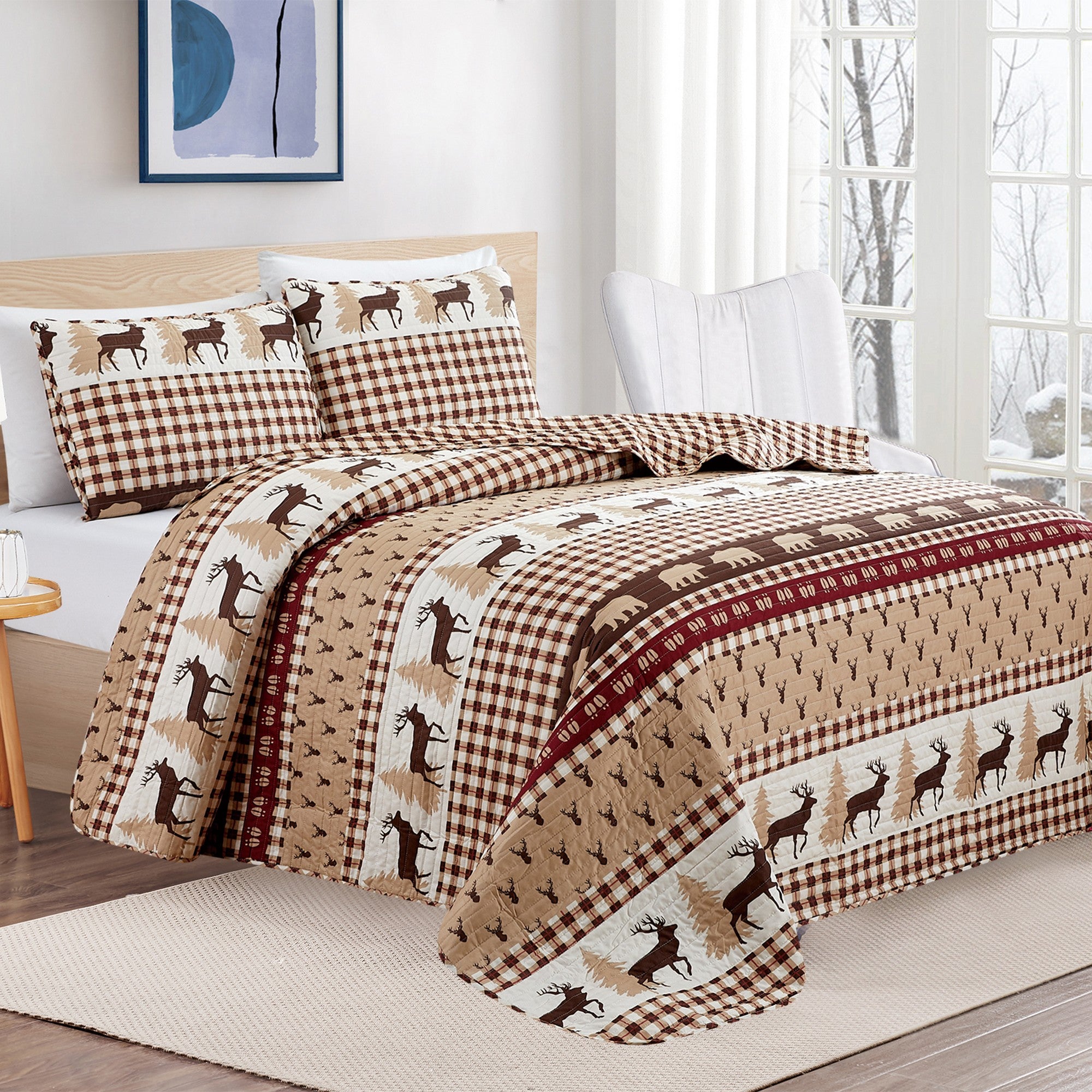 Cedar Creek Collection Lodge Quilt Set featuring rustic woodland-inspired patterns with bears, deer, trees, and plaid accents, shown in multiple colorways and styling views. Soft, reversible bedding with coordinating shams, displayed on beds and in close-up detail shots.