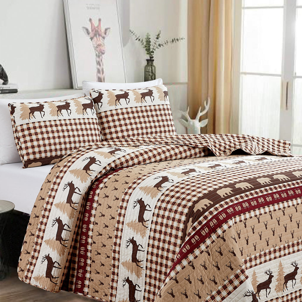 Cedar Creek Collection Lodge Quilt Set featuring rustic woodland-inspired patterns with bears, deer, trees, and plaid accents, shown in multiple colorways and styling views. Soft, reversible bedding with coordinating shams, displayed on beds and in close-up detail shots.