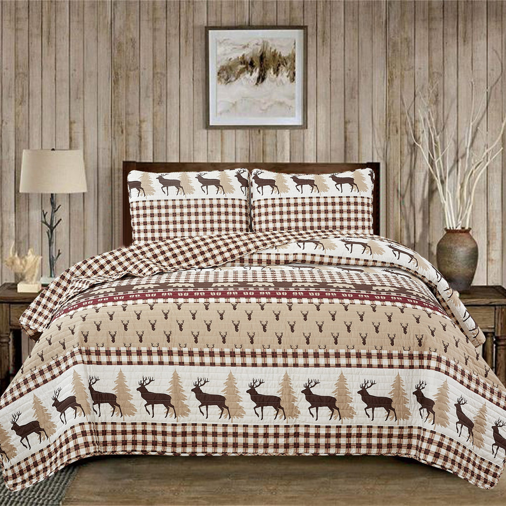Cedar Creek Collection Lodge Quilt Set featuring rustic woodland-inspired patterns with bears, deer, trees, and plaid accents, shown in multiple colorways and styling views. Soft, reversible bedding with coordinating shams, displayed on beds and in close-up detail shots.