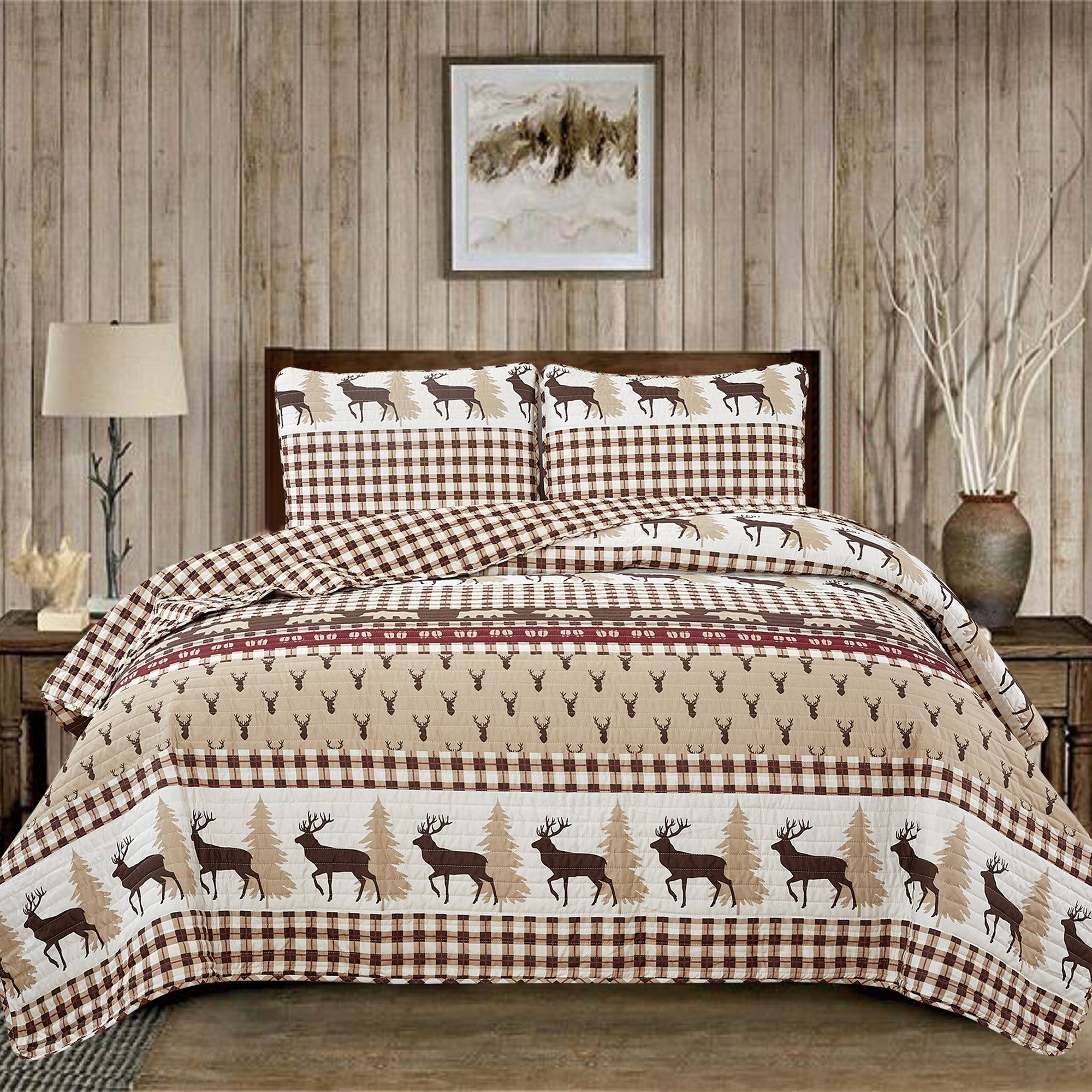 Cedar Creek Collection Lodge Quilt Set featuring rustic woodland-inspired patterns with bears, deer, trees, and plaid accents, shown in multiple colorways and styling views. Soft, reversible bedding with coordinating shams, displayed on beds and in close-up detail shots.