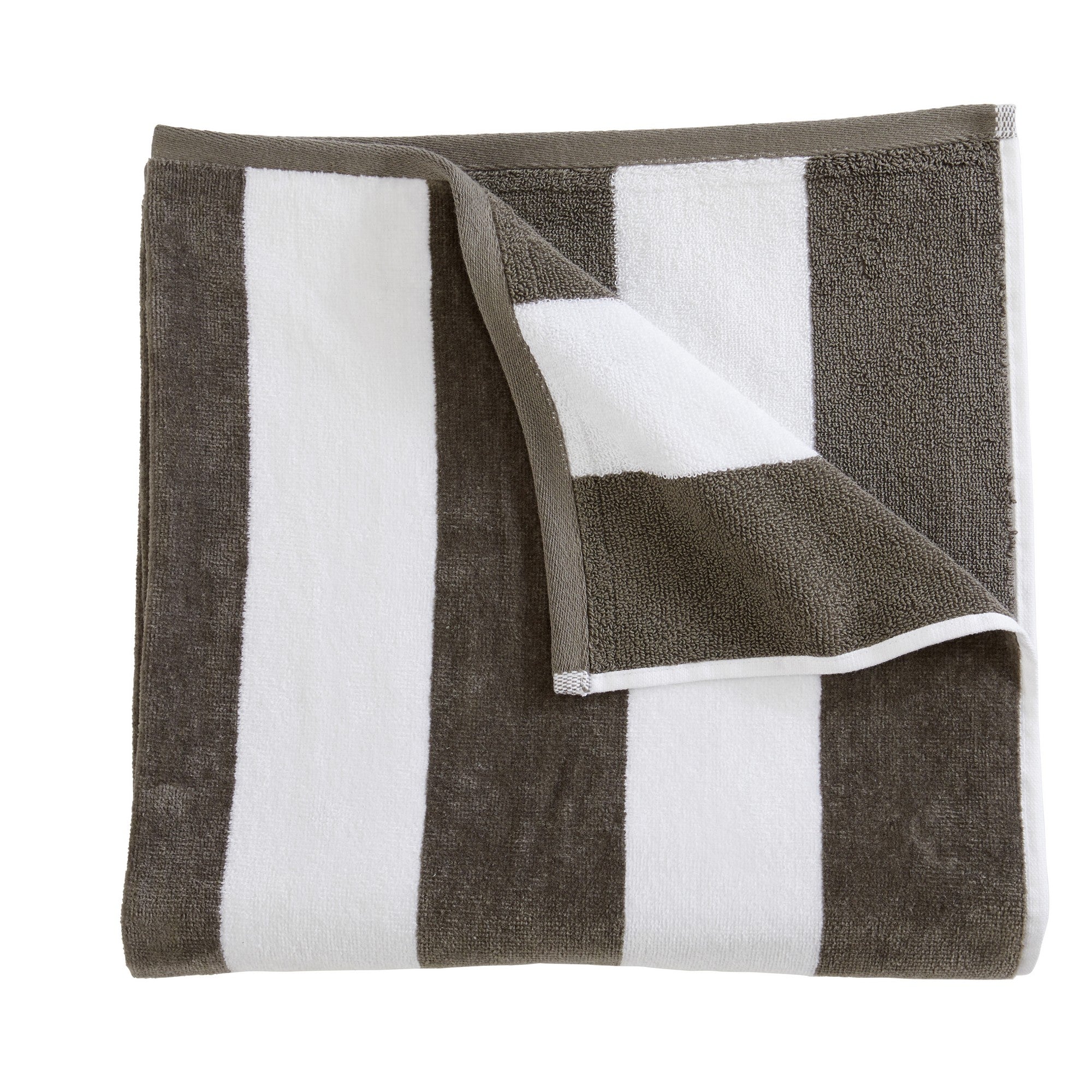 Marina Collection cotton cabana stripe beach towels in assorted colors and sizes, featuring classic striped designs and soft, absorbent 100% cotton velour construction, shown folded, stacked, and styled for poolside and beach use.