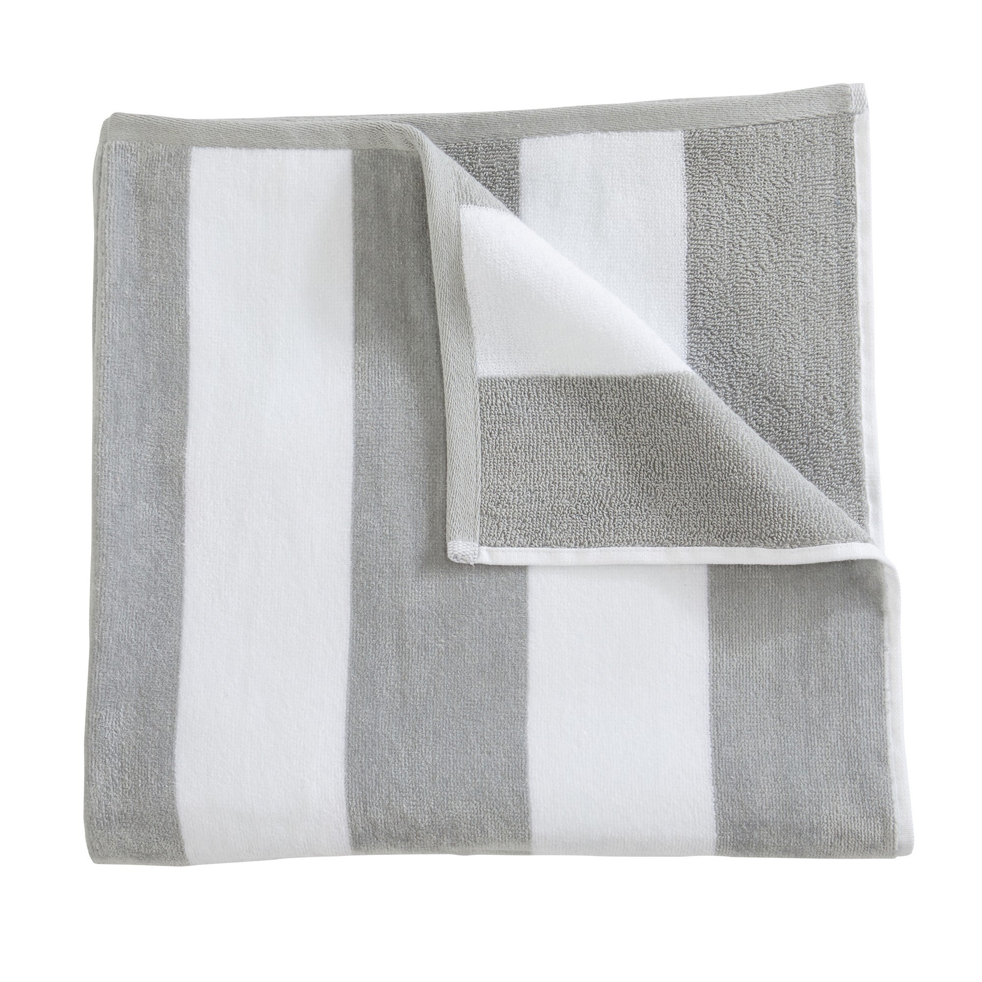 Marina Collection cotton cabana stripe beach towels in assorted colors and sizes, featuring classic striped designs and soft, absorbent 100% cotton velour construction, shown folded, stacked, and styled for poolside and beach use.