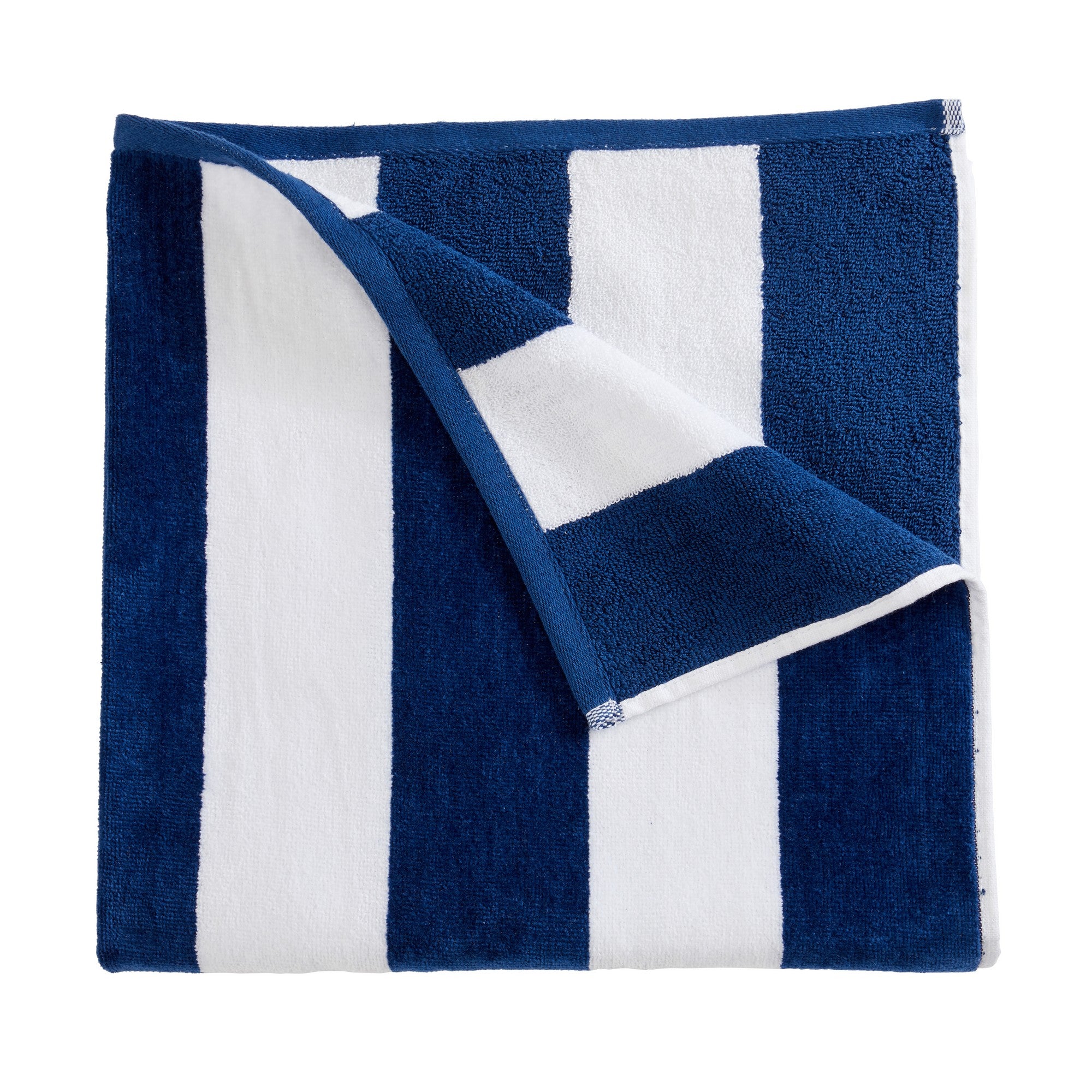 Marina Collection cotton cabana stripe beach towels in assorted colors and sizes, featuring classic striped designs and soft, absorbent 100% cotton velour construction, shown folded, stacked, and styled for poolside and beach use.