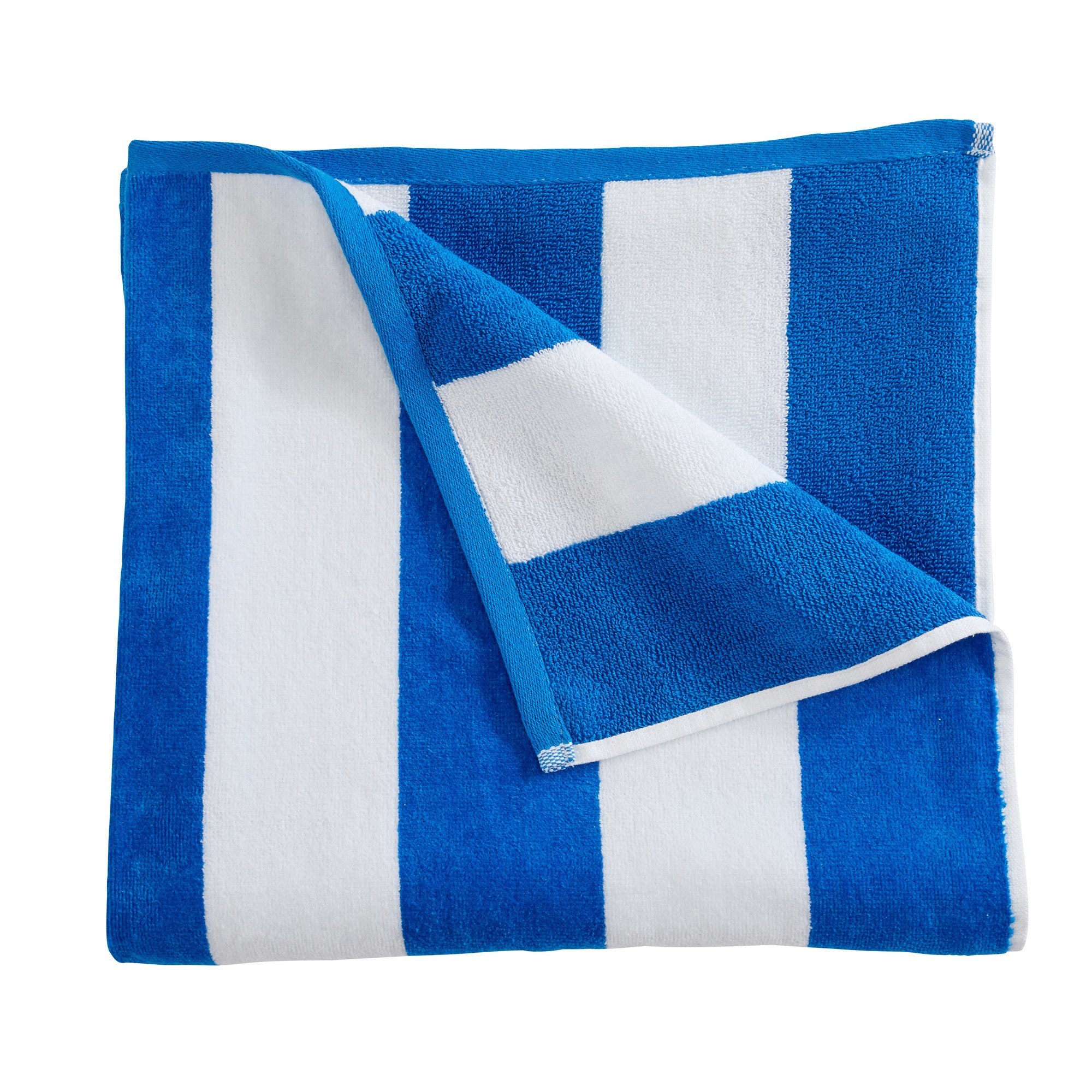 Marina Collection cotton cabana stripe beach towels in assorted colors and sizes, featuring classic striped designs and soft, absorbent 100% cotton velour construction, shown folded, stacked, and styled for poolside and beach use.